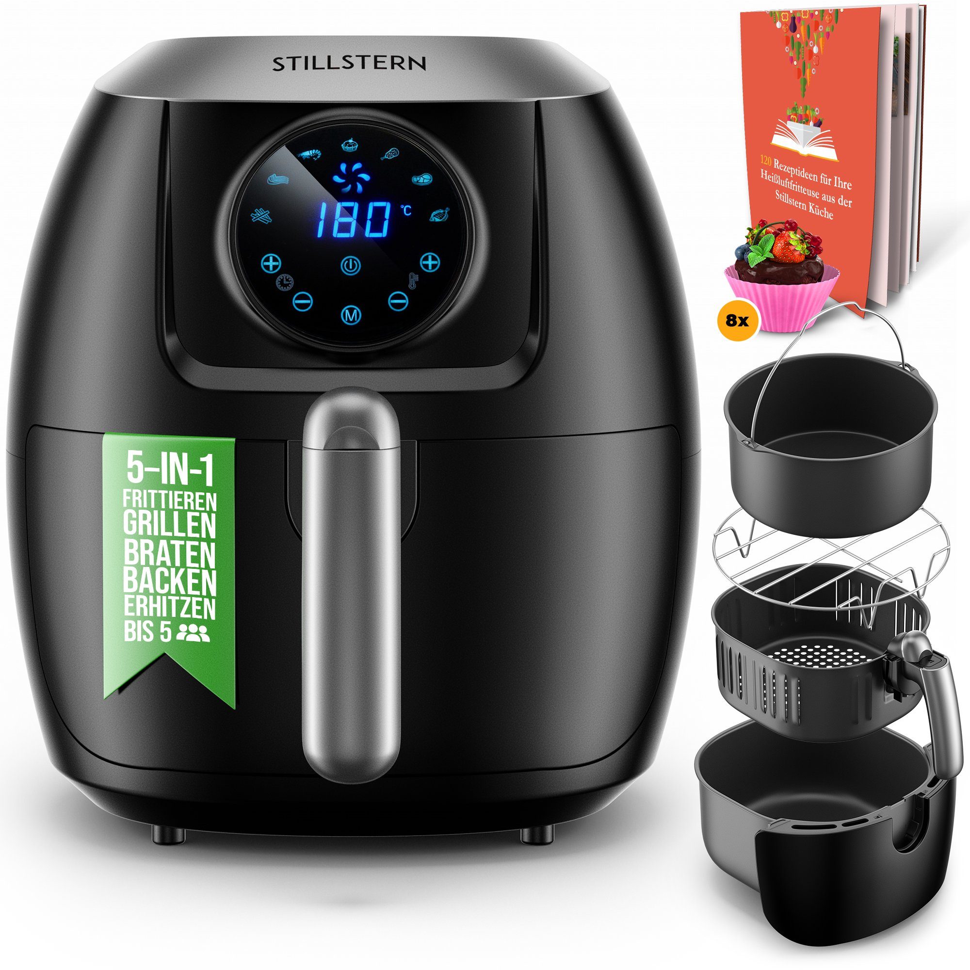 Stillstern Heißluftfritteuse FryHD 3G XL, 5L, 7 Automatikprogramme, LED-Display, 1800 W, 120 Rezepte, Heißluftfritteuse, Schwarz