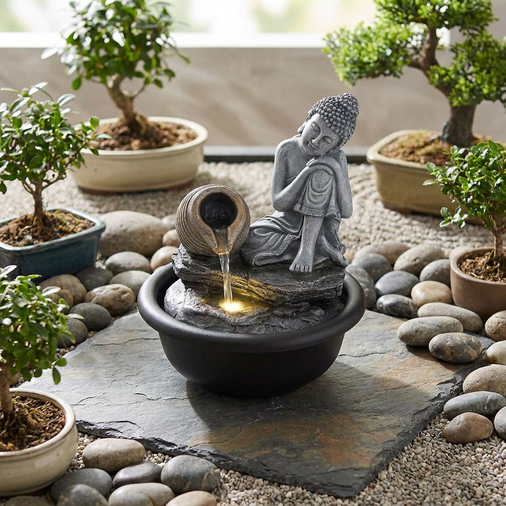 GLOBO LIGHTING Zimmerbrunnen, 2x Buddha Zimmerbrunnen Wasserfall Springbrunnen Deko LED H 19 cm