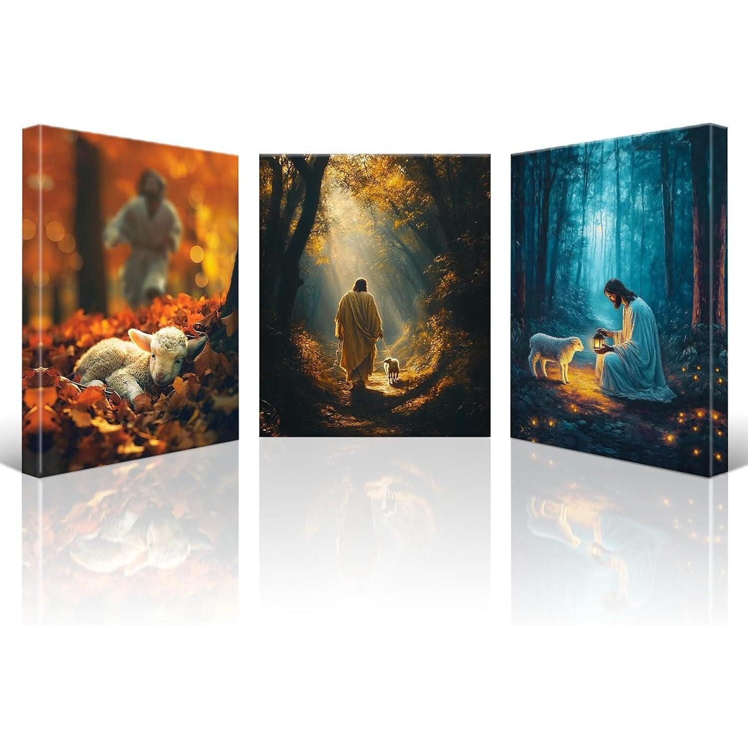 LuxusKollektion Mehrteilige Bilder Leinwandbilder 3teilig Jesus Jesus mit verlorene Lamm 30x40cm