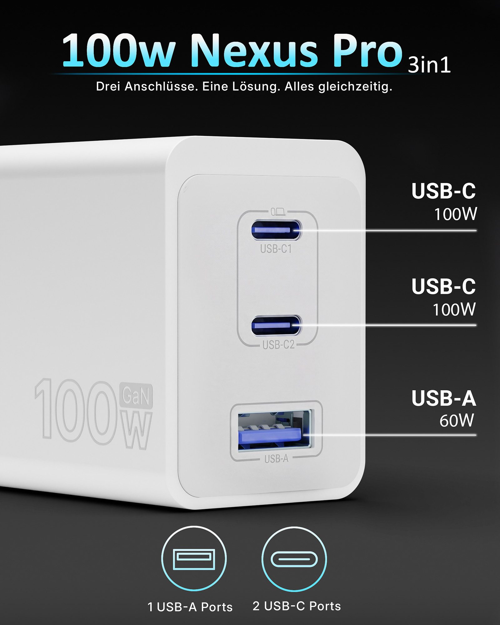 GreenHec USB C Ladegerät 100w - GaN III Labtop, Macbook Mehrfach Charger PPS USB-Ladegerät (5,00 mA, Packung, 100w, Fast Charge Netzteil, Schnelllade Stecker iP – Bild 5 von 5