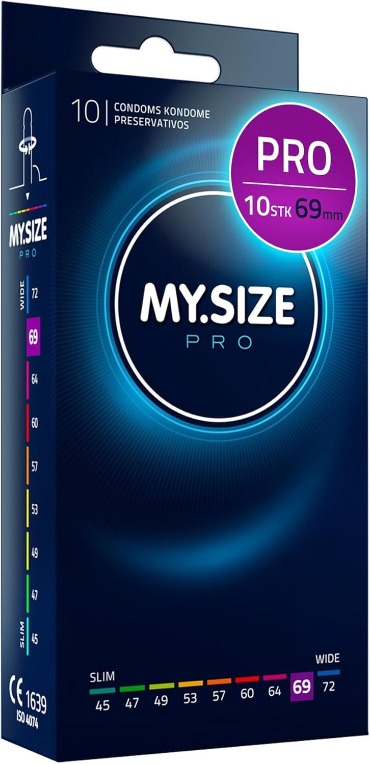 MY.SIZE Kondome PRO ELITE Kondome, 9 Größen, 45-72 mm, Schlank-XXXXL, Extra reines Vytex-Latex, leicht zu öffnen, hauchdünn 0,05mm