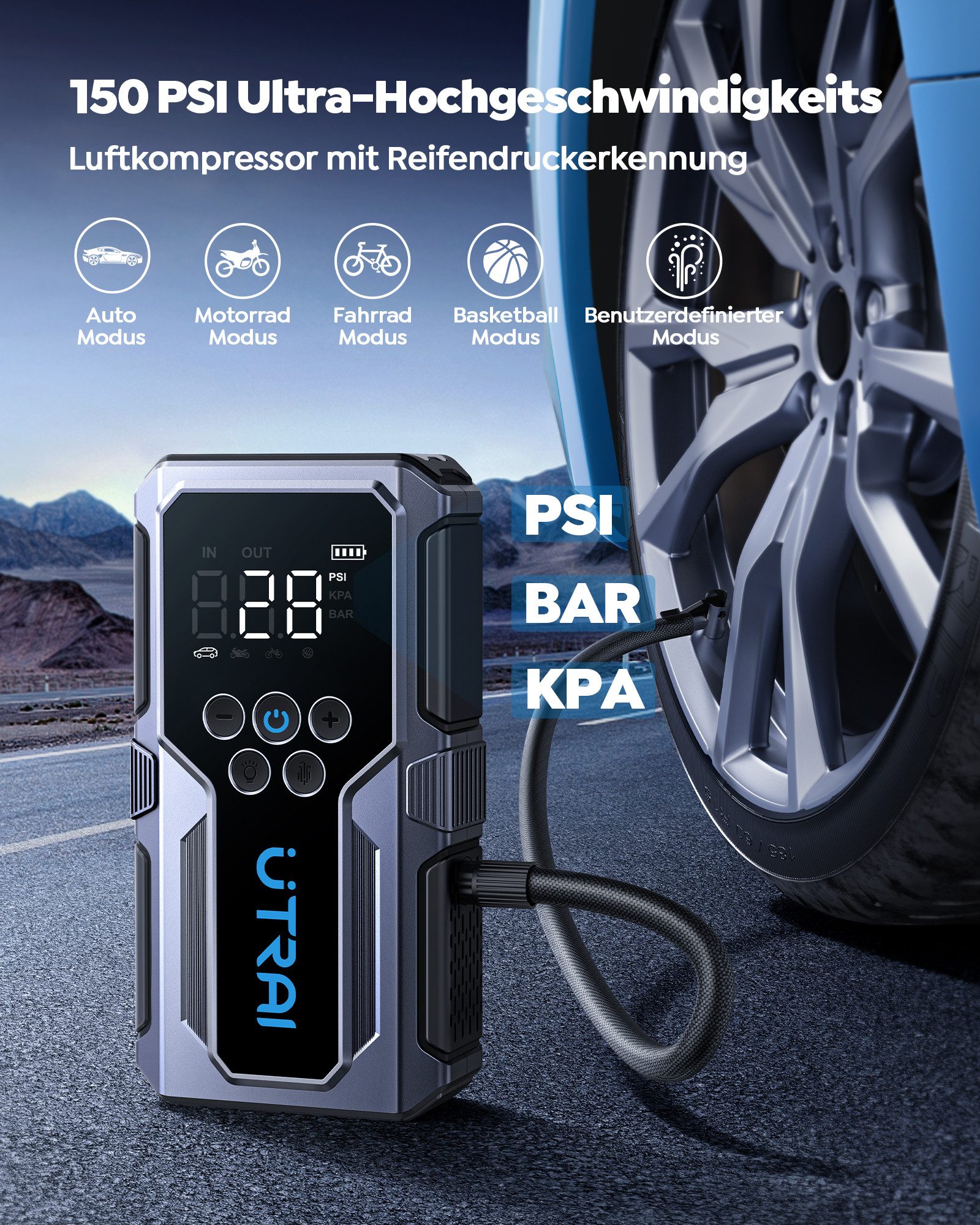 UTRAI 1500A Starthilfe Powerbank fürs Auto 15000 mAh, 18W Schnellladung Starthilfegerät, 150 PSI-Reifenfüller, 4-in-1 Powerbank mit 3 Leuchtmodi