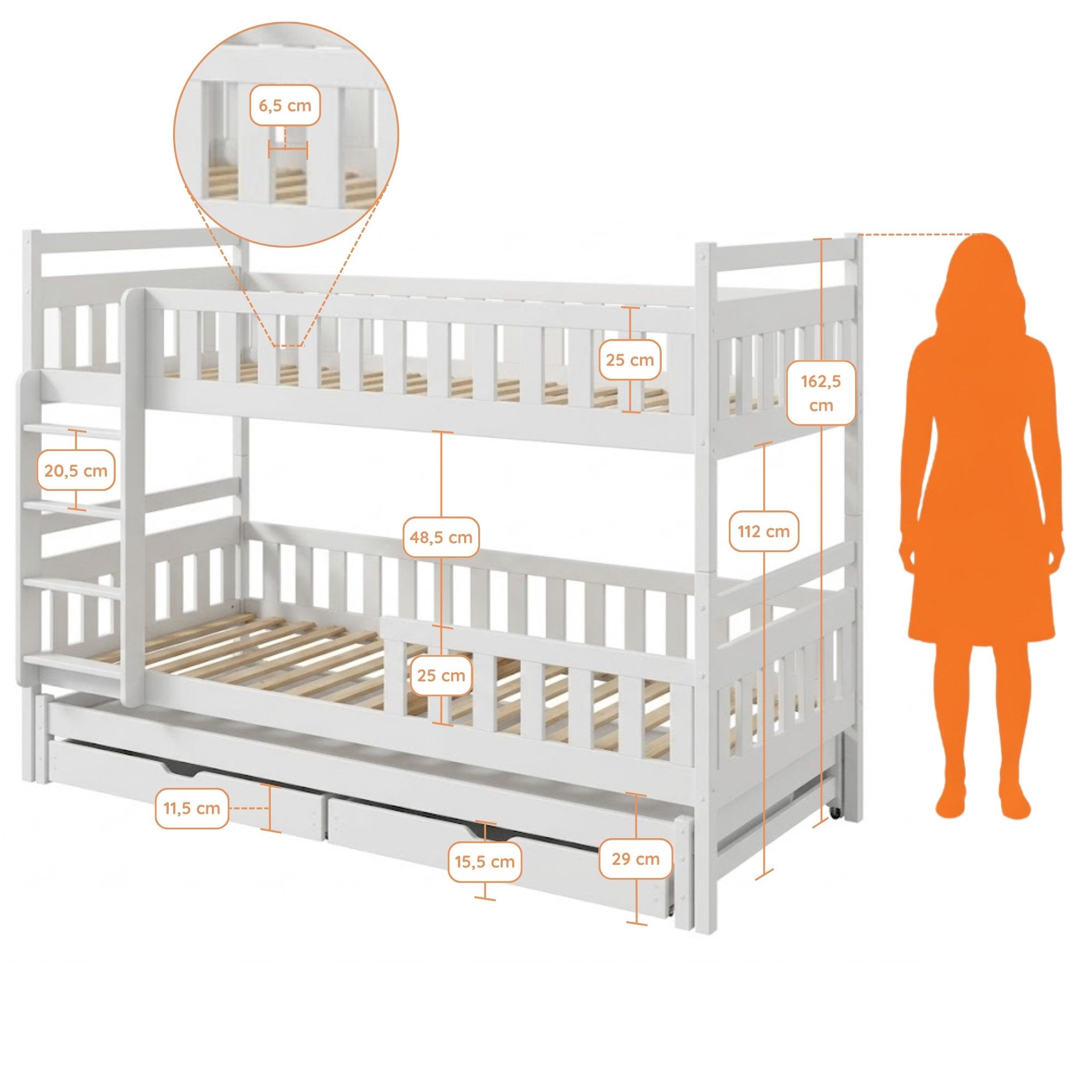 Kids Collective Etagenbett Hochbett Stockbett Kinderbett 90x200 cm mit Ausziehbett und Schubladen (Umbaubar zu 3 Einzelbetten), mit Lattenrosten & Rausfallschutz weiß