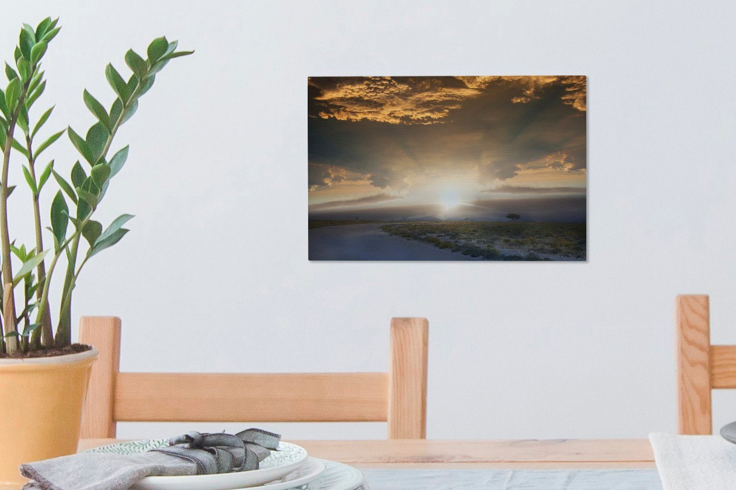 Wanddeko, Straße St), Sonnenaufgang bei Aufhängefertig, 30x20 (1 Etosha-Nationalpark, Die cm im Leinwandbild Leinwandbilder, OneMillionCanvasses® Wandbild