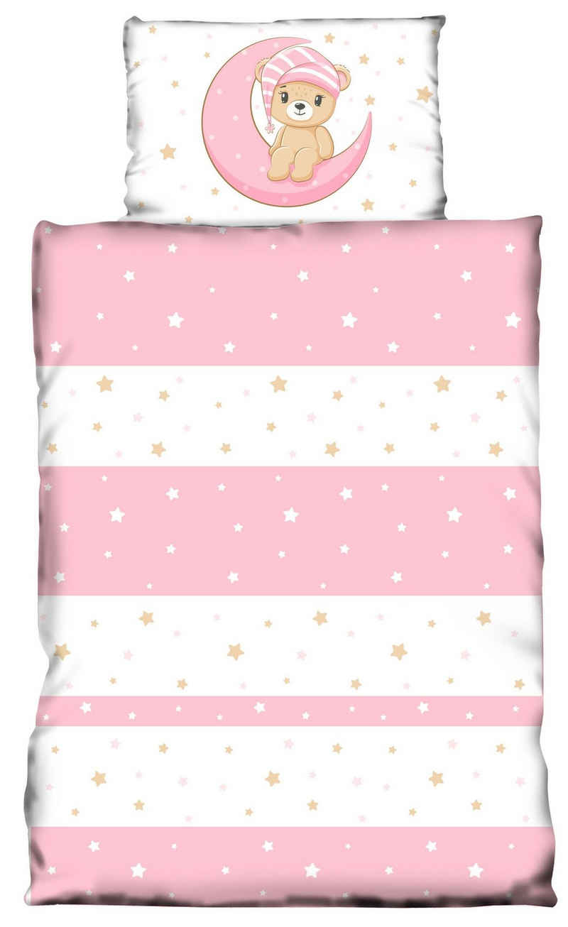 Babybettwäsche Teddy Bären, One Home, Mikrofaser, 2 teilig, Mond und Sterne für Mädchen, Kinder und Babybetten geeignet