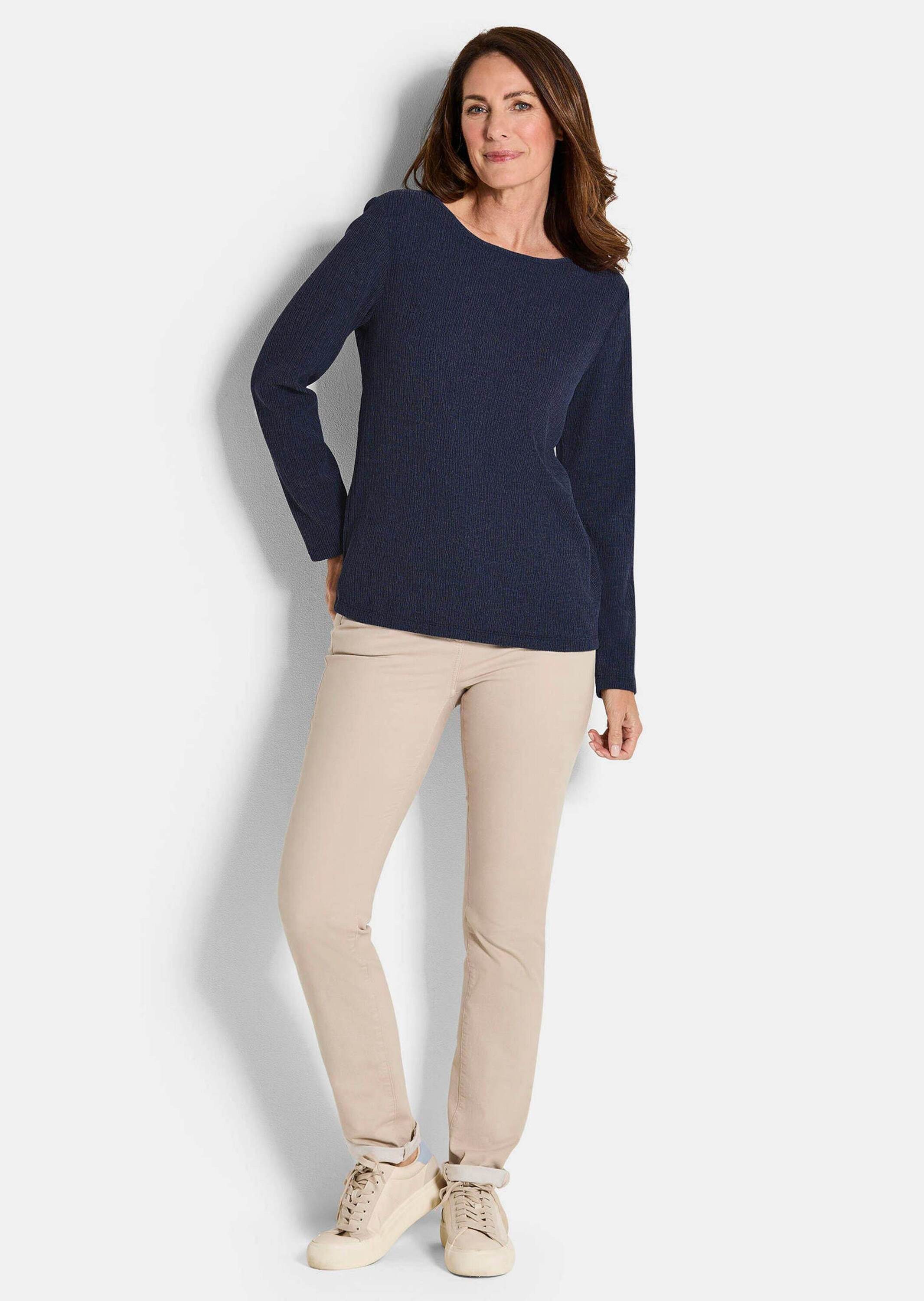 GOLDNER Langarmshirt Langarm Melange Jersey-Oberteil Hüftumspielendes Shirt in Krepp-Optik mit U-Boot-Ausschnitt, Langarm
