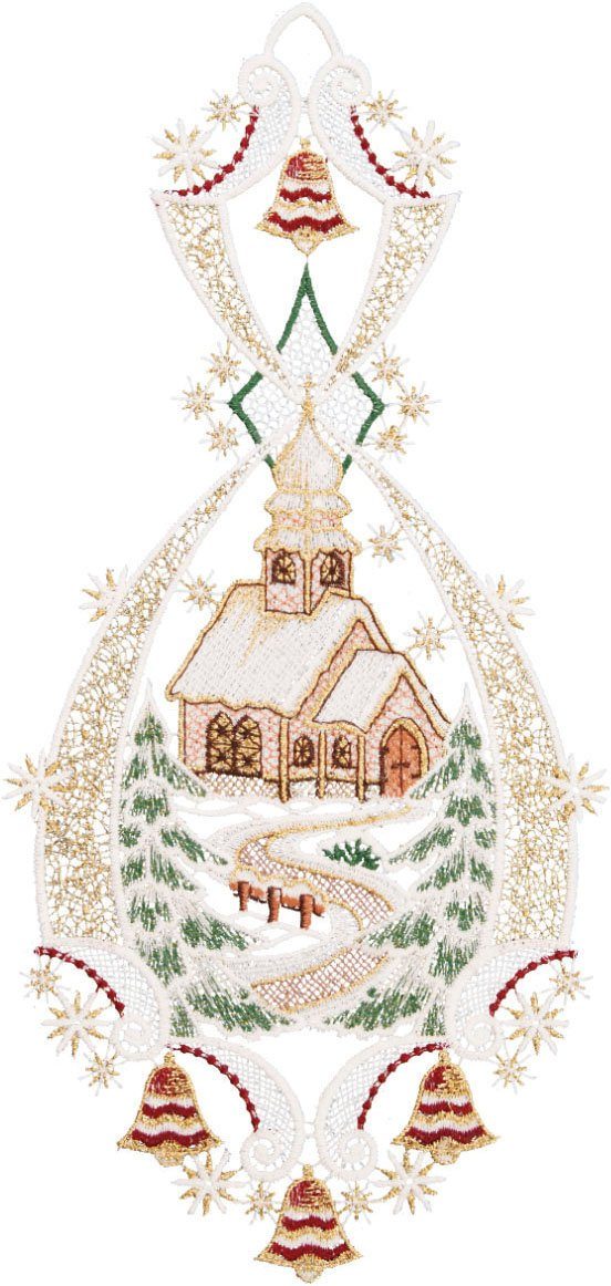 W. Reuter & Sohn - Plauener Spitze® Fensterbild Landschaft Kirche, Made in Germany