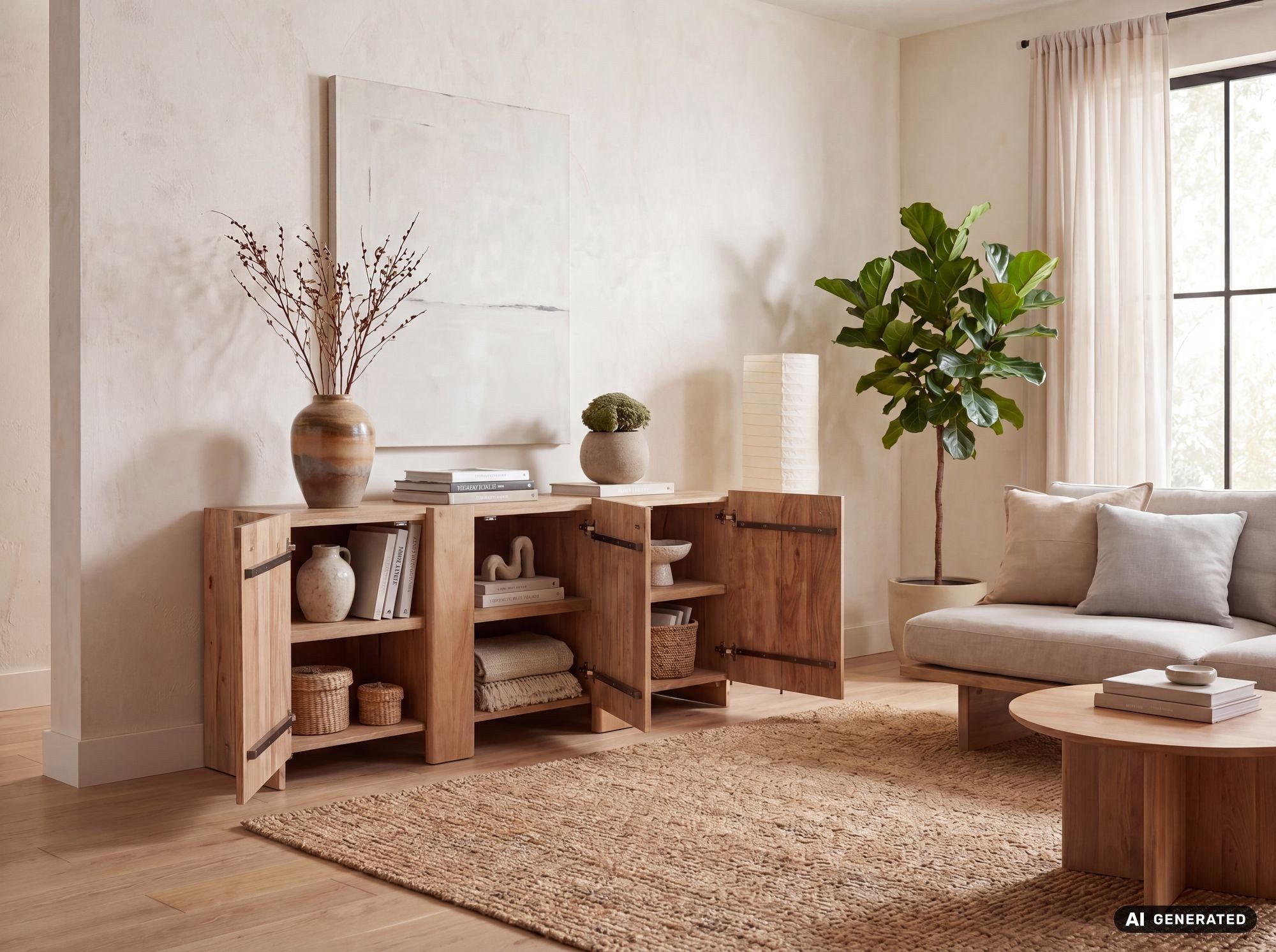 FINEBUY Sideboard FB119495 Anrichte 165cm Wohnzimmer Schrank Esszimmer Groß Modern (Massive Kommode aus Akazienholz mit 3 Türen), Braune Holzkommode mit 6 Fäche – Bild 2 von 5