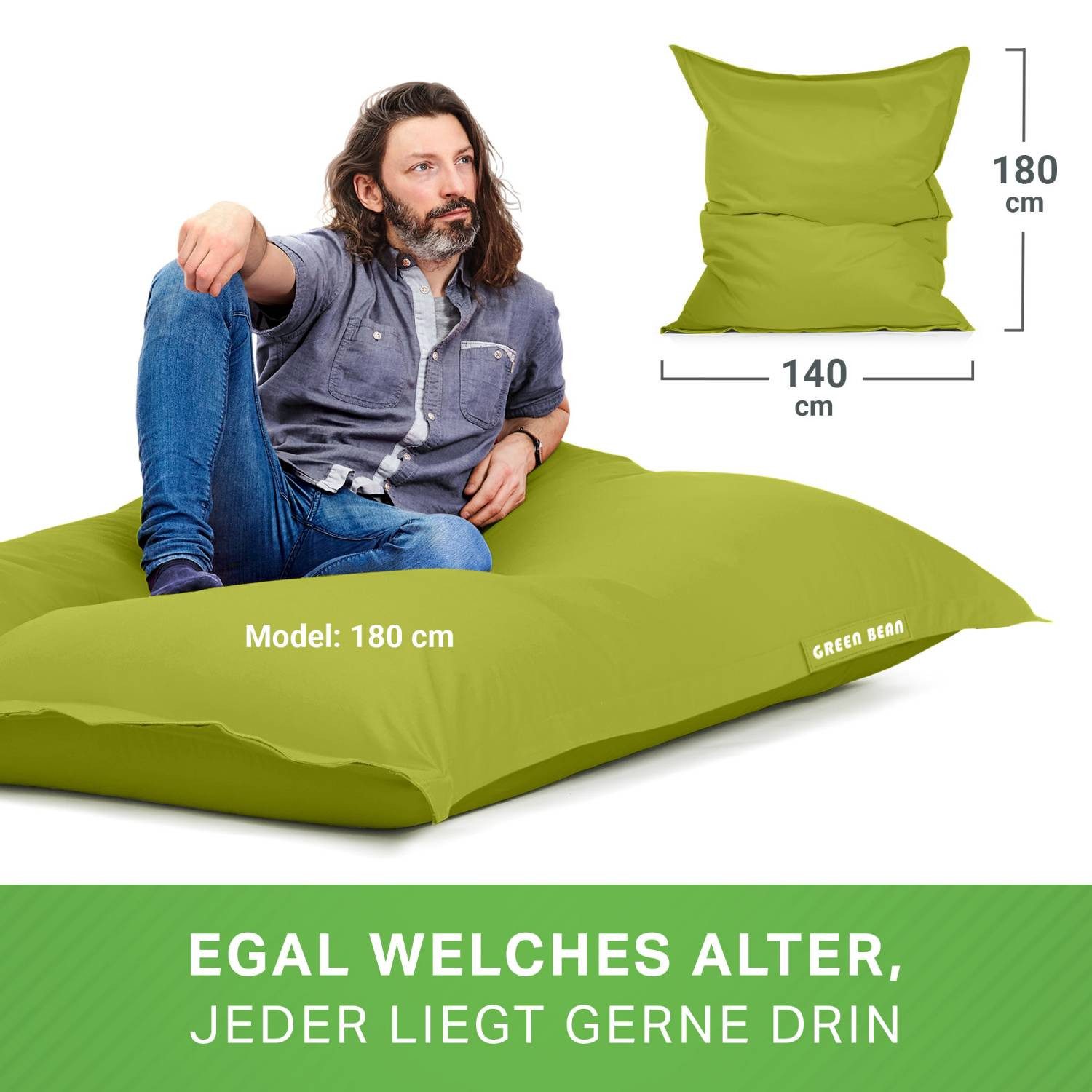 Green Bean Sitzsack XXL Outdoor Sitzsack Square 140x180cm (XXL Riesensitzsack 140x180cm 380 Liter Kinder & Erwachsene Bean Bag EPS Perlen Füllung, Groß Draußen  – Bild 5 von 5
