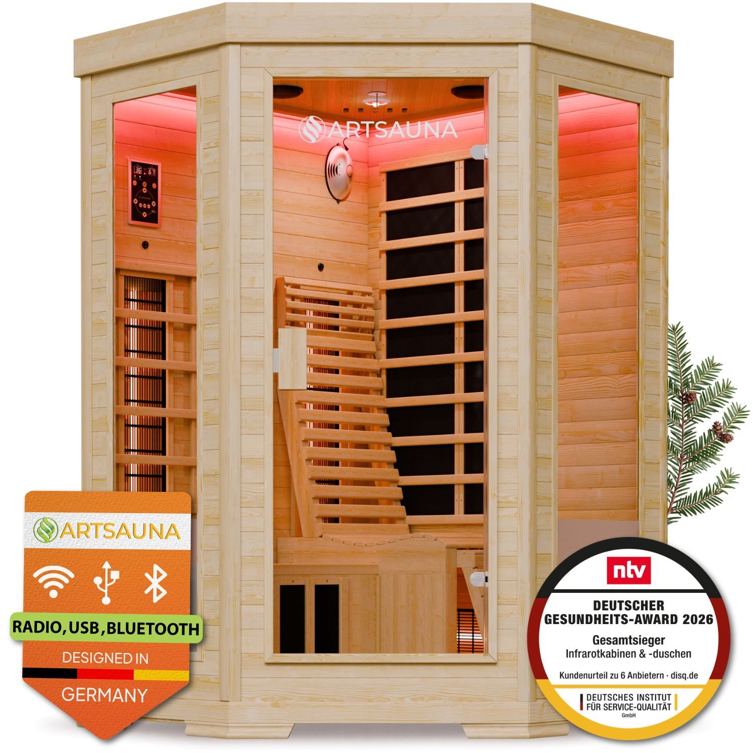 Artsauna Infrarotkabine Aalborg Dual-Technologie, für 2 Personen, Hemlockholz, HiFi-System, Ionisator, LED-Farblicht