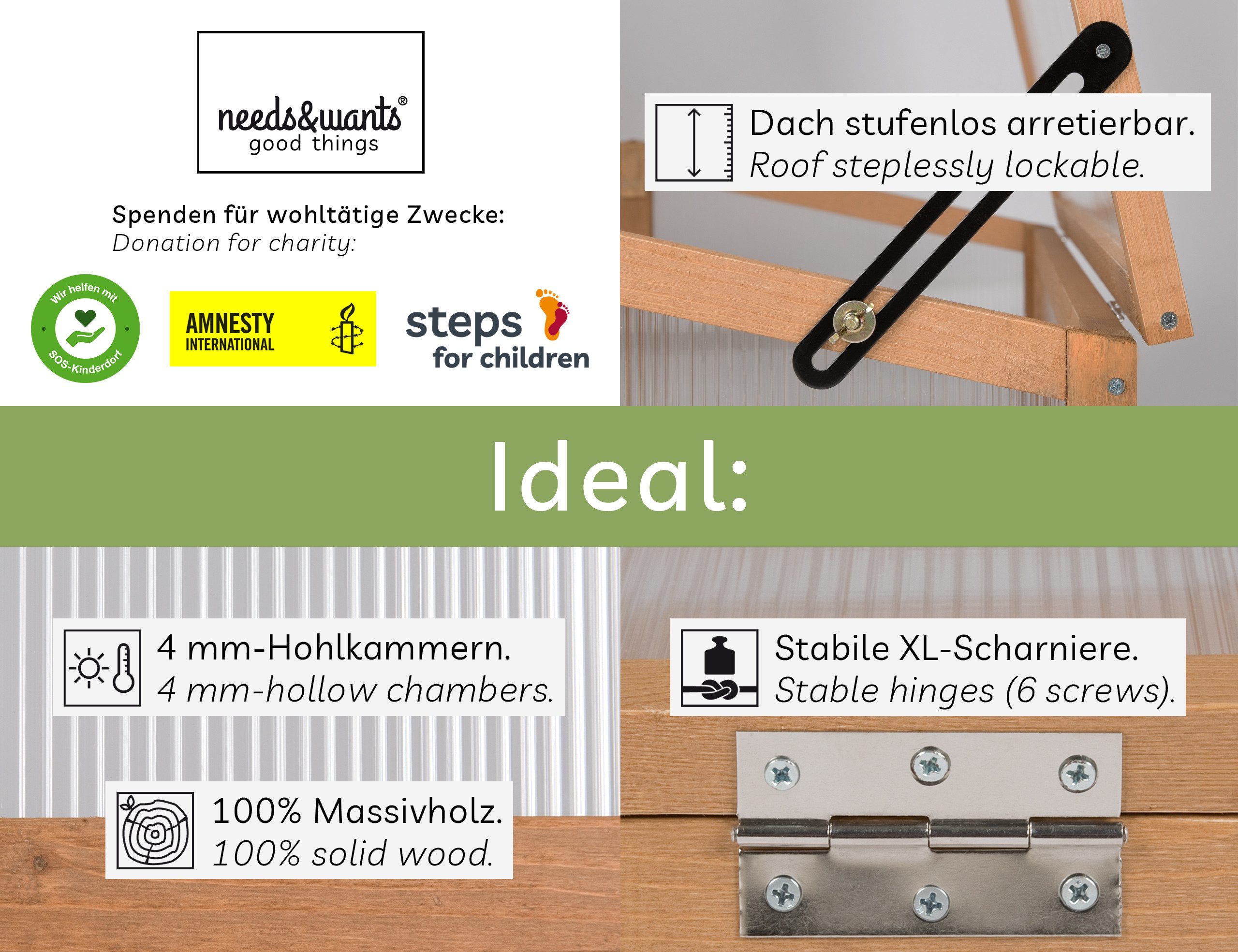 needs&wants® Frühbeet Aufsatz Holz Abdeckung Frühbeetkasten Gewächshaus mit Deckel Hochbeet, Bausatz klein wetterfest für Garten Outdoor Polycarbonat Acryl nied – Bild 3 von 5
