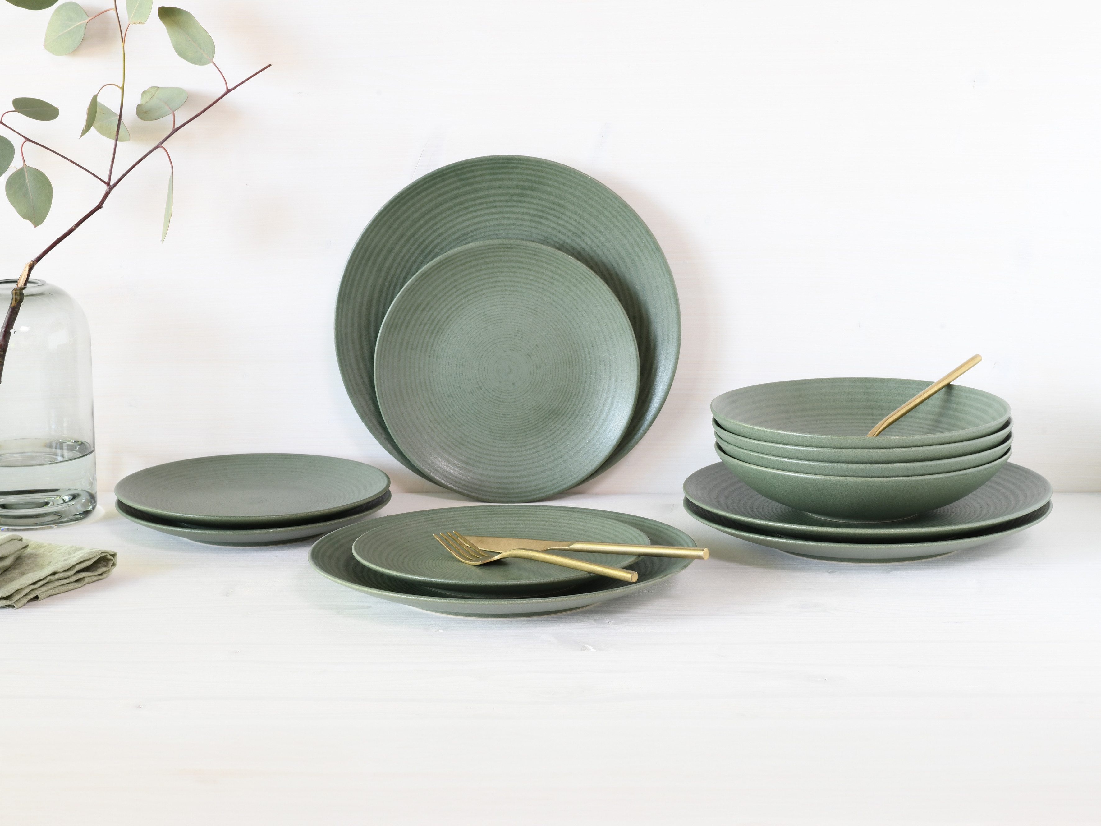 CreaTable Teller-Set Catania, Teller Set 12-tlg. (12-tlg), 4 Personen, Steinzeug, Vintage Farben, Ausdrucksstarkes Relief, Handwerklicher Charakter