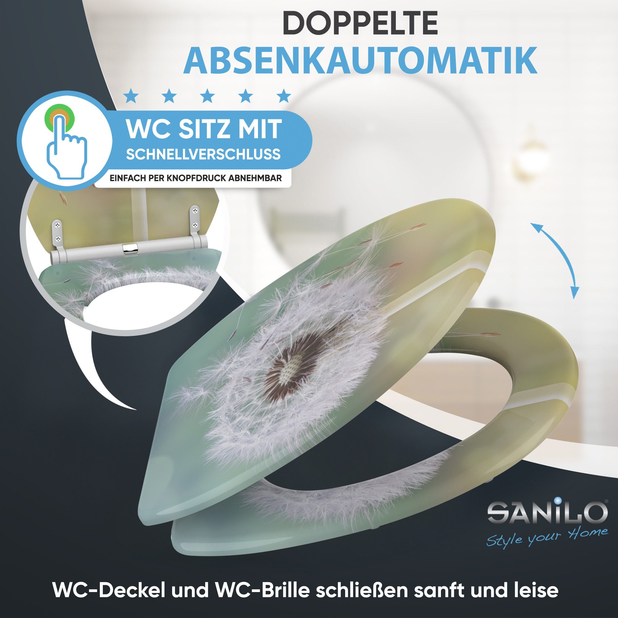 Sanilo WC-Sitz Pusteblume mit Absenkautomatik & Quick Release, Premium Toilettendeckel, abnehmbar, leichte Montage von oben