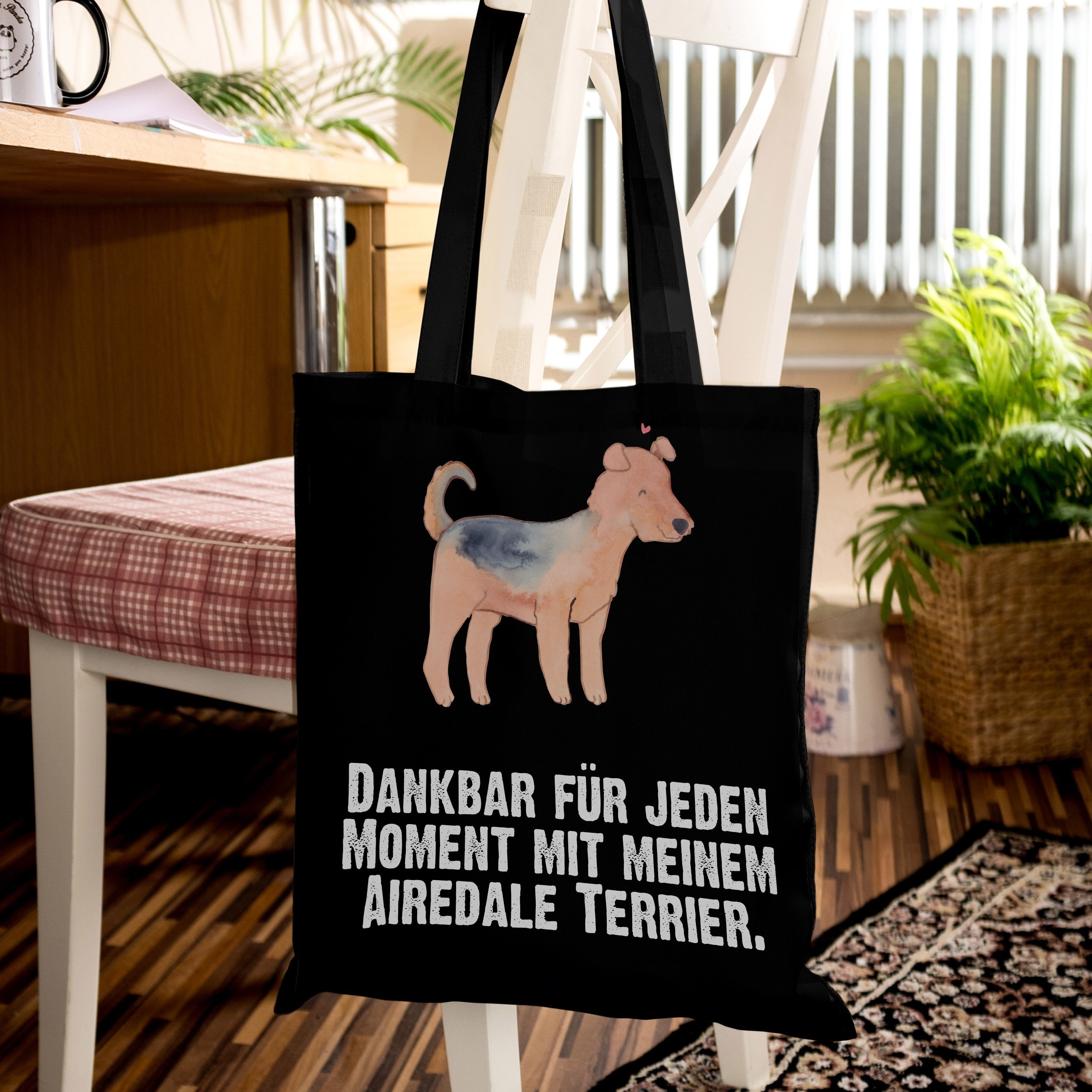 Mr. & Panda Moment - (1-tlg) Einkaufstasche, Schwarz Geschenk, Terrier Airedale Tierfre Mrs. Tragetasche 