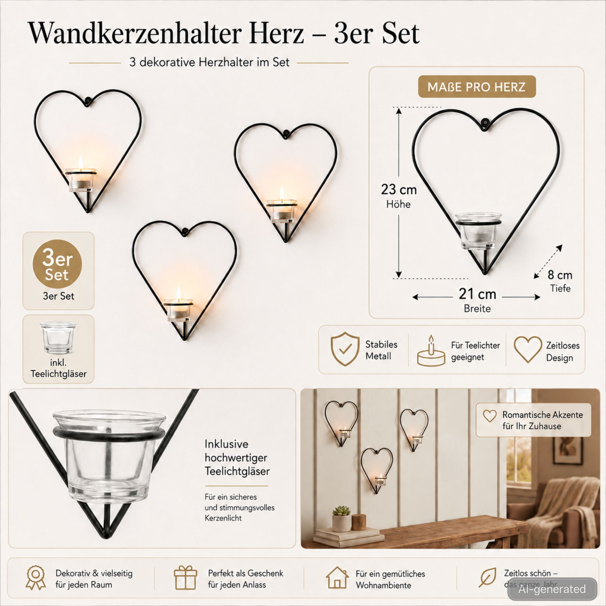 DanDiBo Teelichthalter Kerzenhalter Wand Metall Schwarz Wandteelichthalter 96765 Herz – Bild 2 von 5