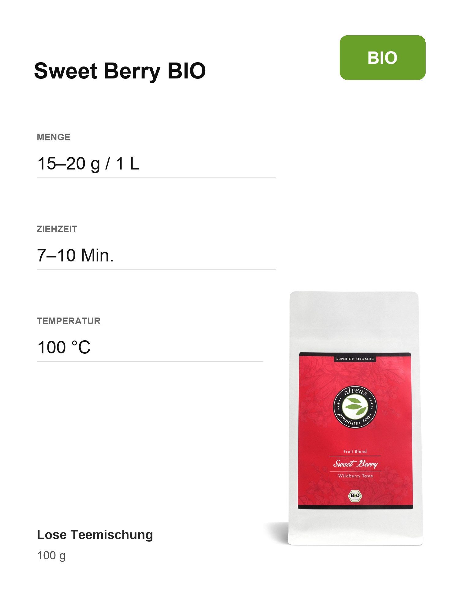 Alveus Tee Tee Alveus Sweet Berry BIO Früchtetee Waldbeere 100g Tüte, 1 x 100,00 g, Bio; Lose Premium-Teemischung; natürlich aromatisiert; Geschmack: Wald