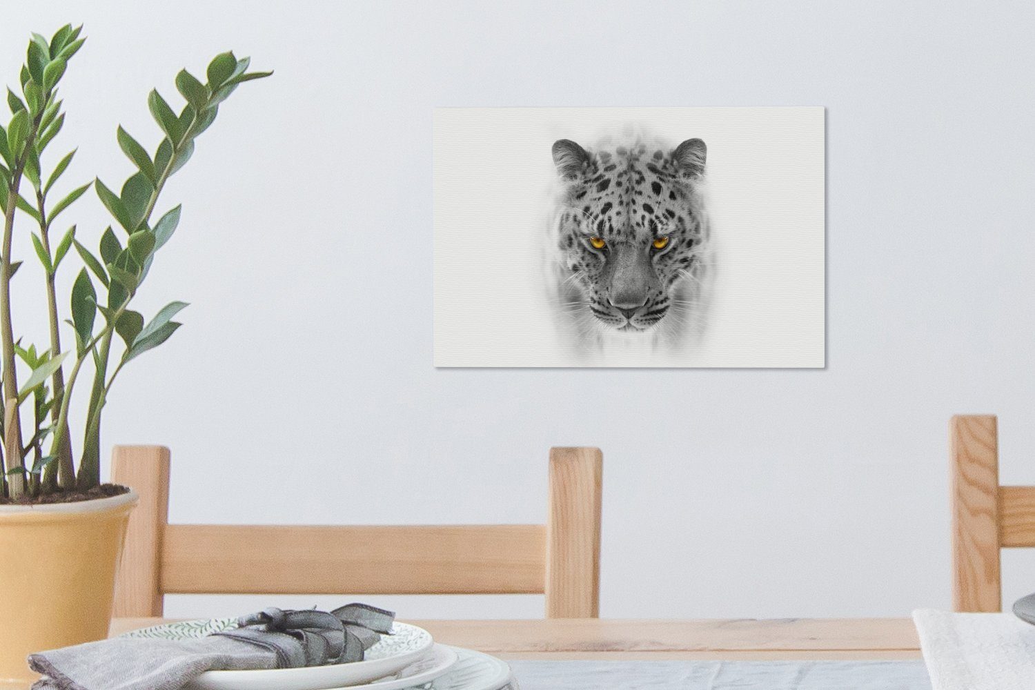 OneMillionCanvasses® Leinwandbild Leopard - Schwarz Kopf, - Wanddeko, - Weiß Aufhängefertig, Leinwandbilder, cm Wandbild 30x20 St), (1