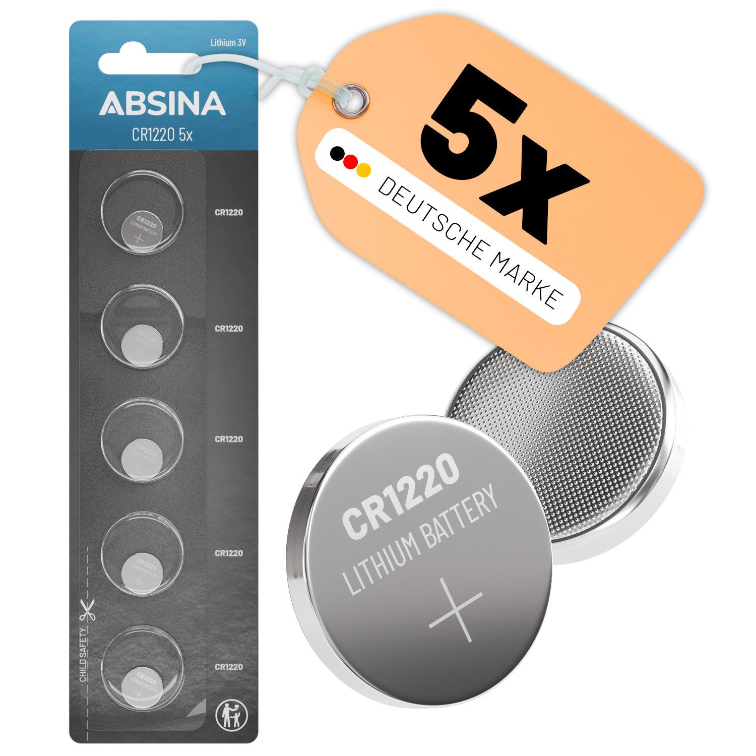 ABSINA CR1220 Knopfzelle 3V Lithium 5er Pack - 3 Volt - für Autoschlüssel Knopfzelle, (1 St)