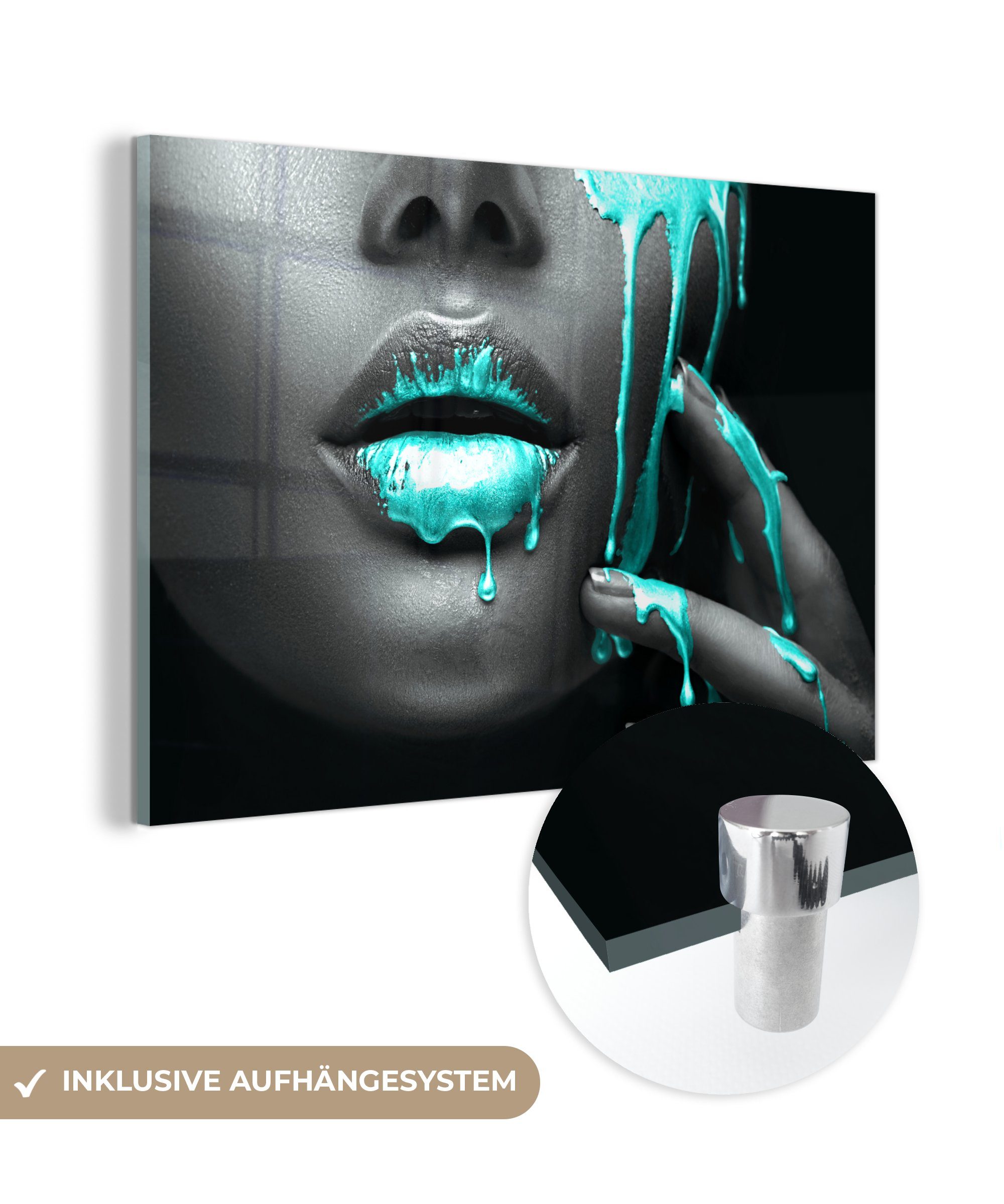 MuchoWow Acrylglasbild Lippen - Blau - Schwarz, (1 St), Glasbilder - Bilder auf Glas Wandbild - Foto auf Glas - Wanddekoration