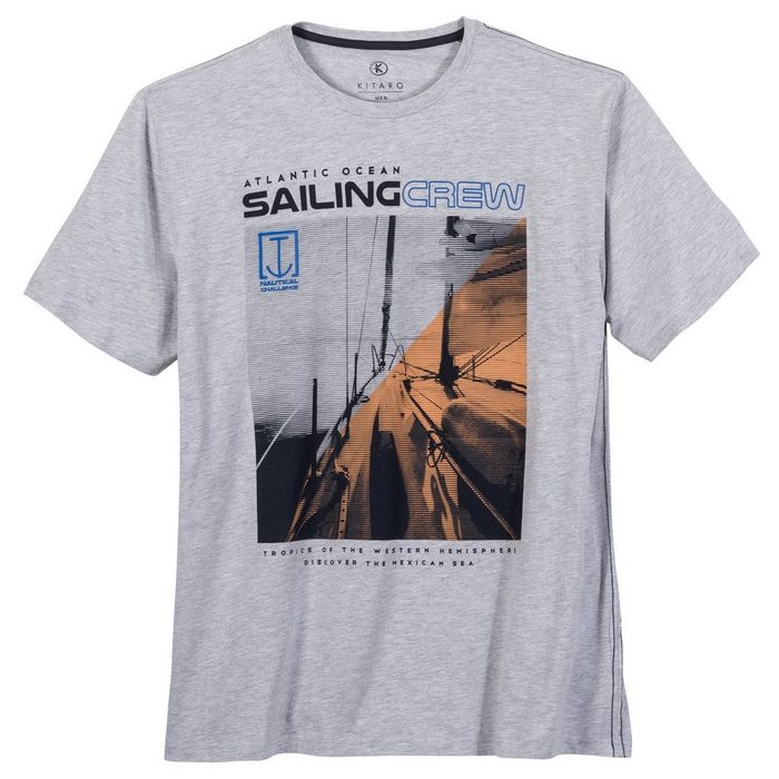 Kitaro Rundhalsshirt Große Größen T-Shirt hellgrau melange maritimer Fotoprint Kitaro