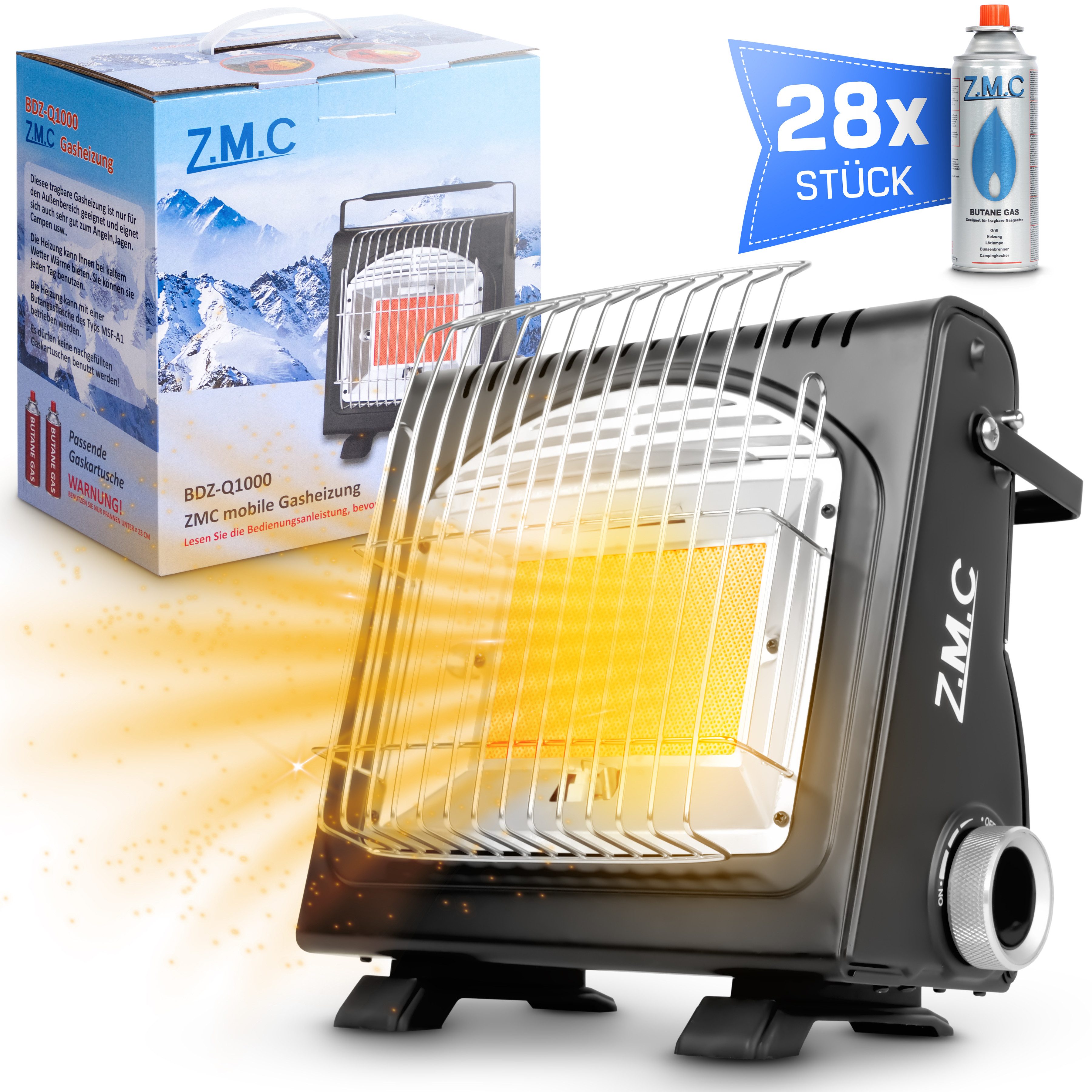 ZMC Heizstrahler 2in1 Tragbare Camping Gasheizung 1,7KW Gaskocher + Gaskartuschen 227g, 1700W Camping Heizung mobile Heizstrahler Zeltheizung mit Piezozündung