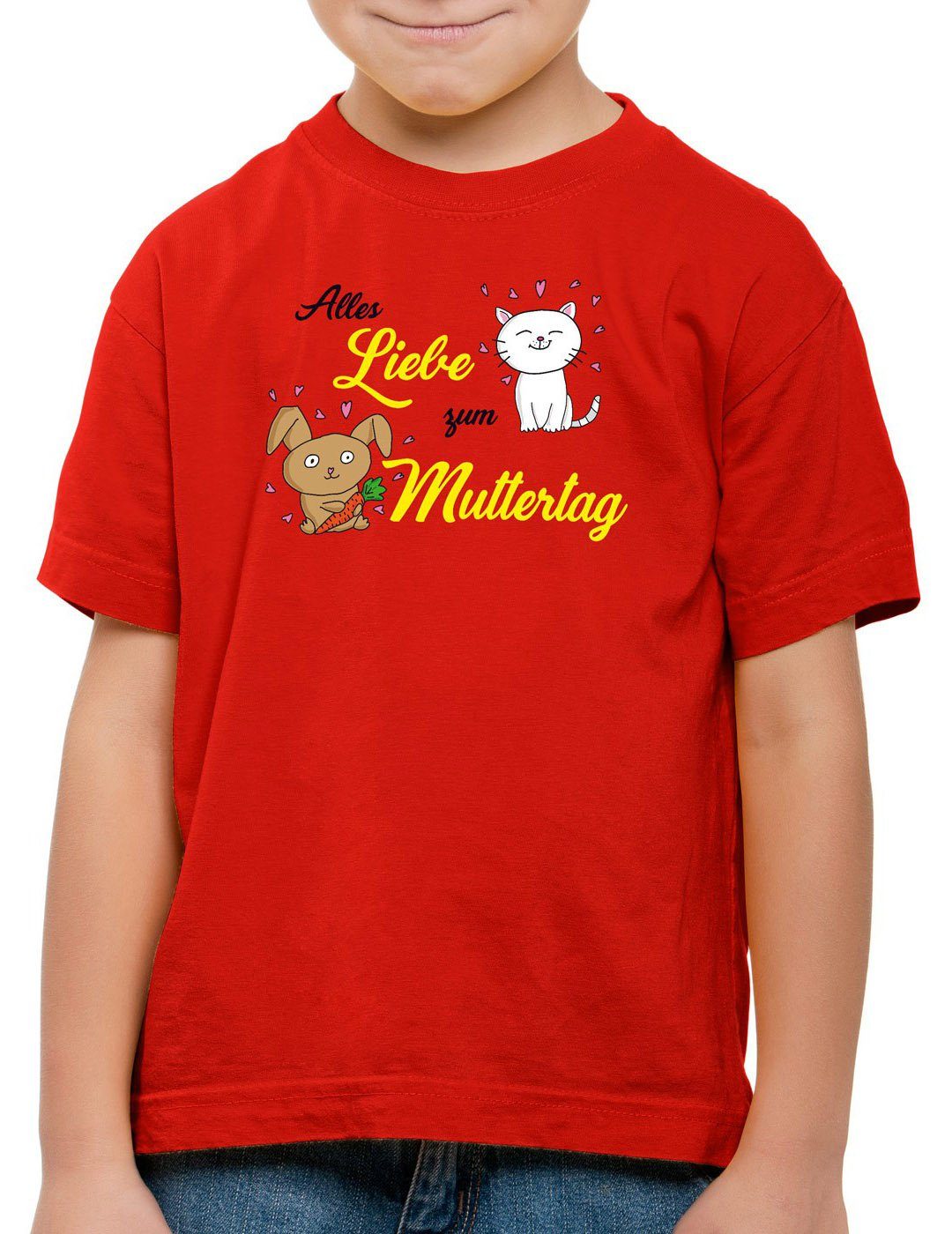 style3 Print-Shirt Kinder T-Shirt Alles Liebe zum Muttertag Katze Mutter Mama Mum Geschenk i love rot