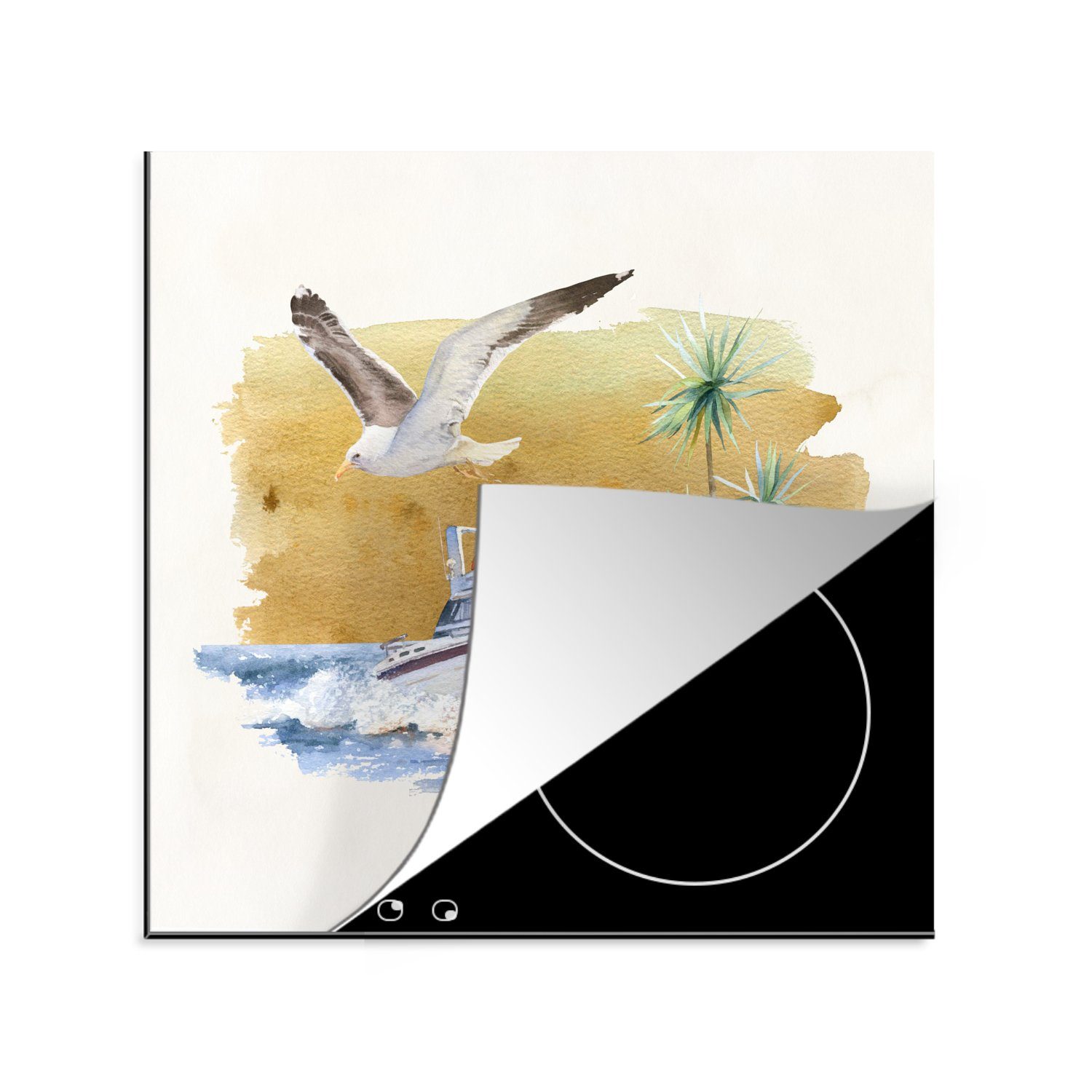 MuchoWow Herdblende-/Abdeckplatte Boot - Vogel - Aquarell, Vinyl, (1 tlg), 78x78 cm, Ceranfeldabdeckung, Arbeitsplatte für küche