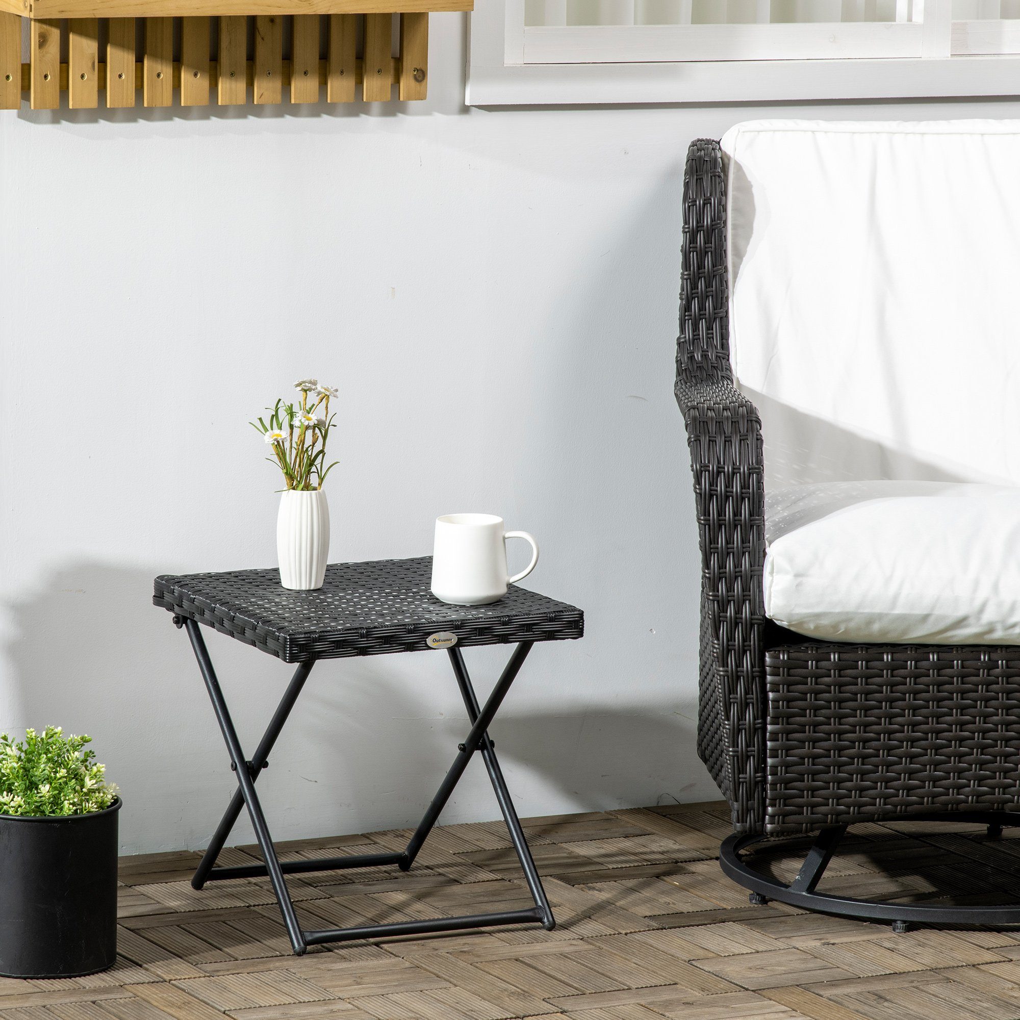 Outsunny Gartentisch Polyrattan Gartentisch klappbar Couchtisch (Couchtisch, 1-St., Beistelltisch), für Garten, Balkon, Schwarz
