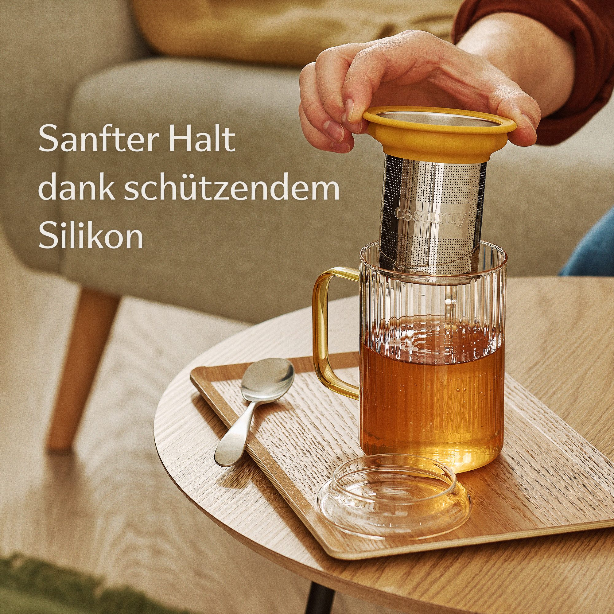 Cosumy Teeglas Teetasse mit Deckel und Sieb 450ml Orange, 1-tlg., Borosilikatglas, Edelstahl, Kork, Edelstahlfilter – Bild 2 von 5