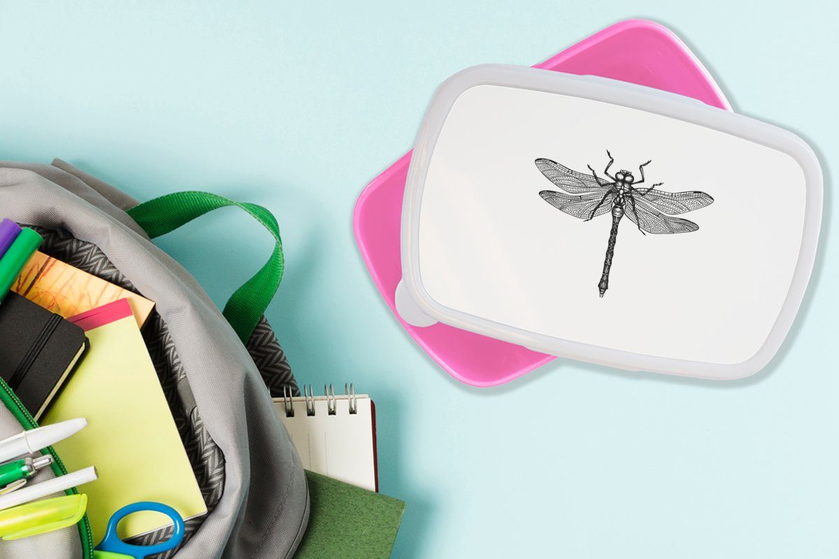 MuchoWow Lunchbox Libelle - Schwarz Retro Kunststoff, Kunststoff für rosa (2-tlg), Snackbox, Brotdose - Kinder, - Insekten Brotbox Erwachsene, Mädchen, und weiß