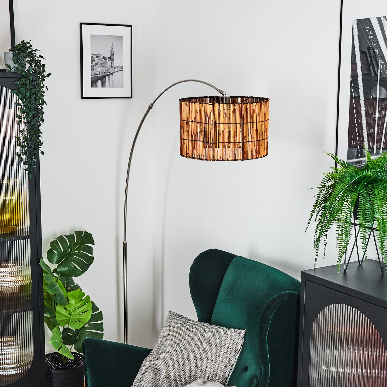 hofstein Bogenlampe Stehlampe aus Metall/Bambus in Nickel-matt/Schwarz/Natur mit Marmorfuß, verstellbare Leuchte im Boho-Design (Schirm Ø 35 cm), Fußschalter, E27