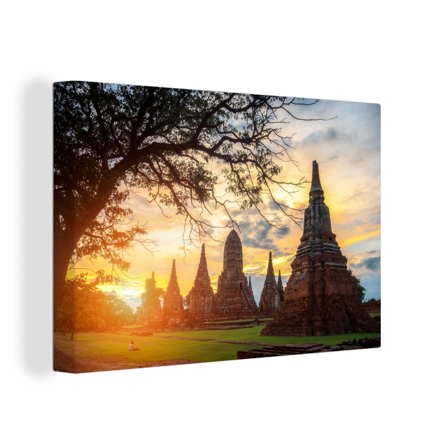 OneMillionCanvasses® Leinwandbild Die Sonne scheint zwischen den Tempeln in Ayutthaya, (1 St), Wandbild Leinwandbilder, Aufhängefertig, Wanddeko, 30x20 cm