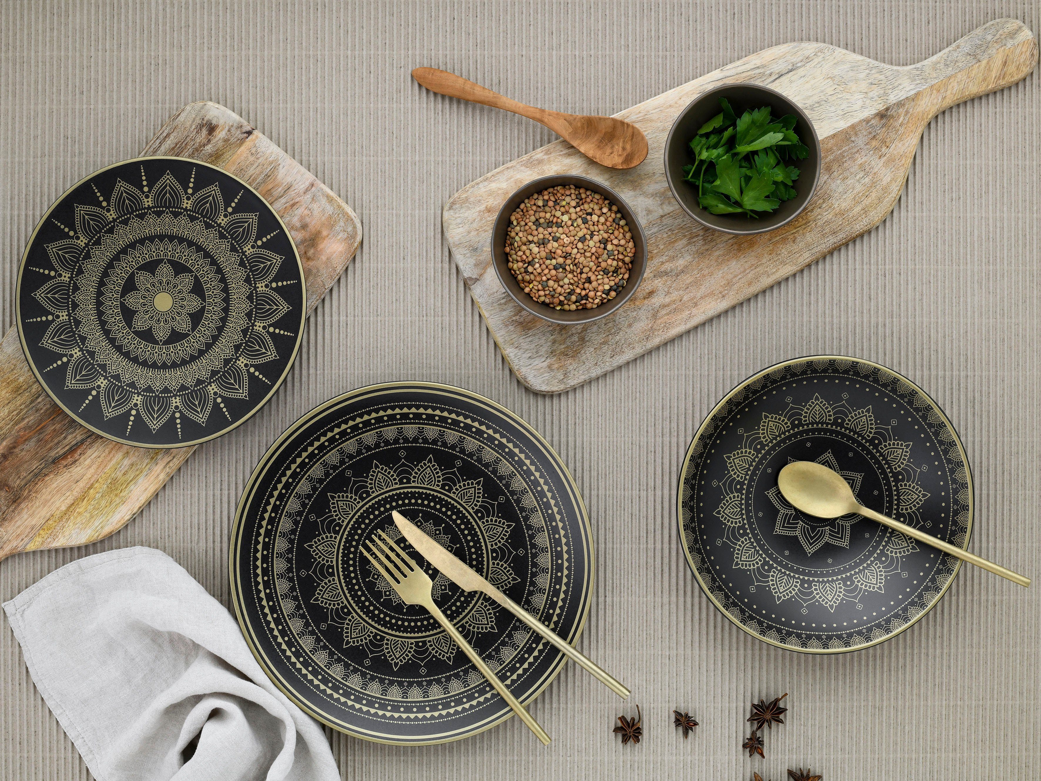 CreaTable Teller-Set Mandala Gold (12-tlg), 4 Personen, Steinzeug, Teller Set, goldene orientalische Motive, 12 Teile, für 4 Personen