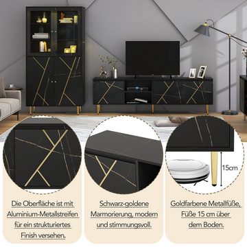 MODFU Sideboard TV-Lowboard (TV-Schrank für 90-Zoll-Fernseher mit 3 Türen, Großer 200x35x60 cm), modernem Schwarz-Gold-Design