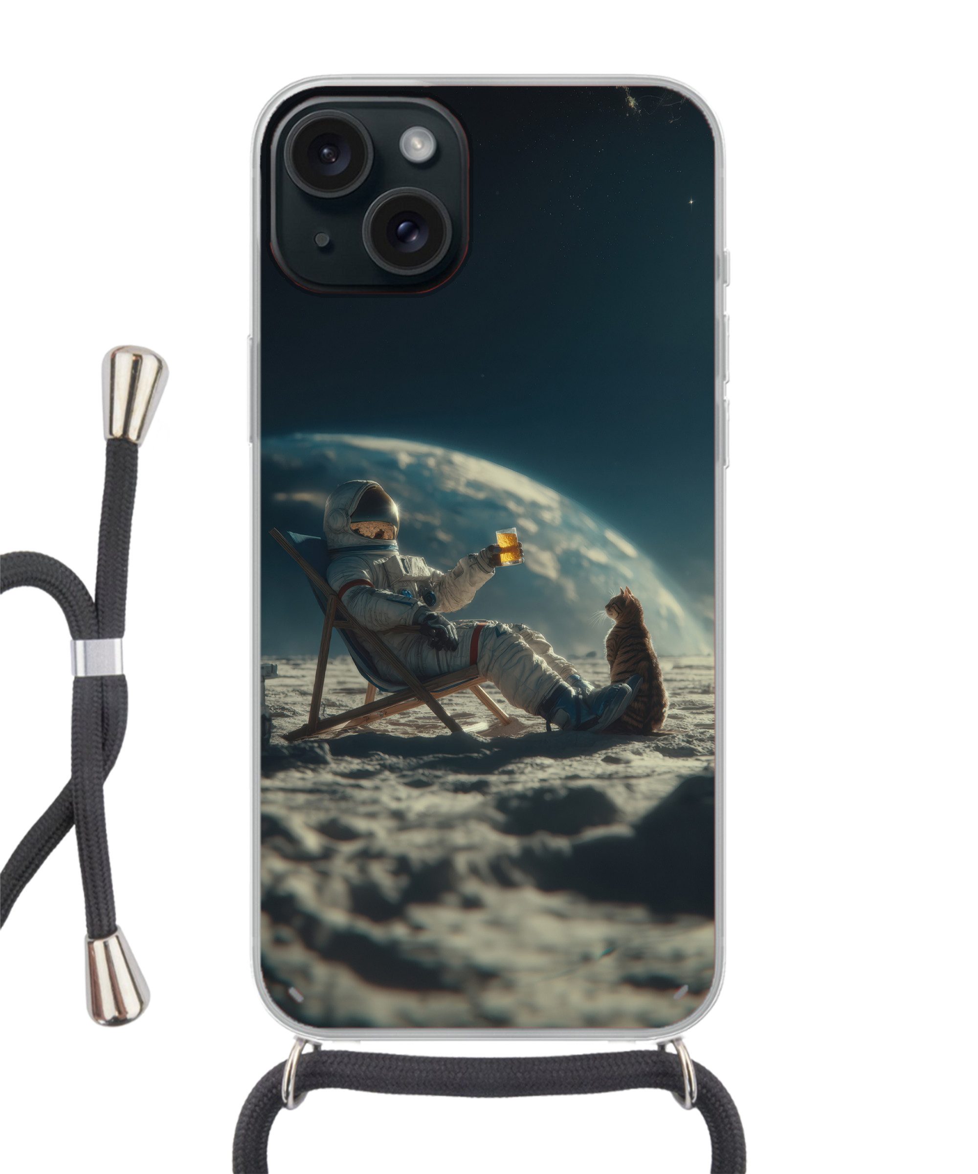MuchoWow Handyhülle für Apple iPhone 15 Plus Astronaut - Katze - Glas - Stuhl, Tragbare Handyhüllen mit Kette zum umhängen, Handykette Handyband