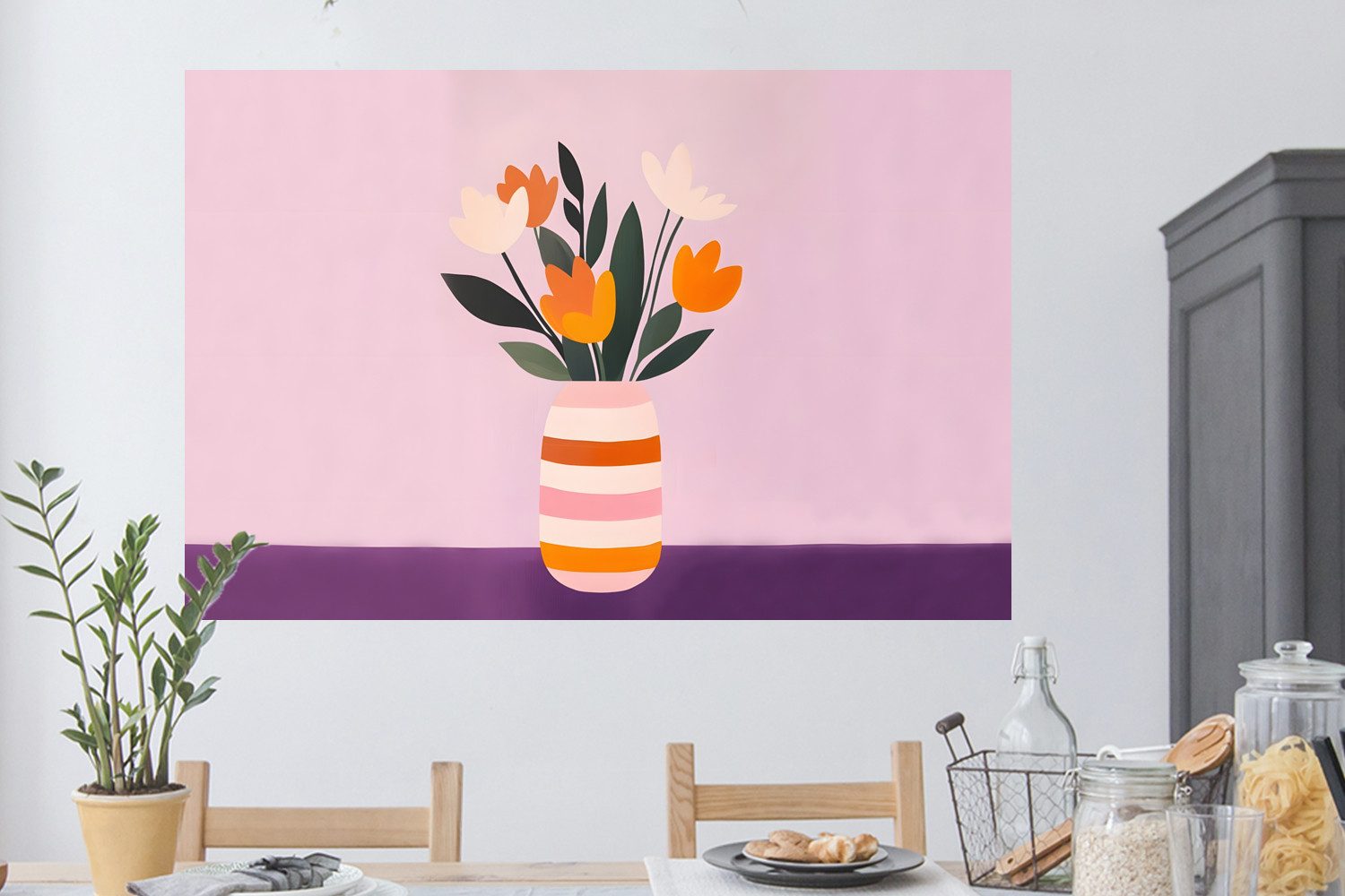 MuchoWow Wandsticker Tulpen - Vase - Streifen - Lila (1 St), Wanddeko, Aufkleber, Wandtattoo, 120x80 cm