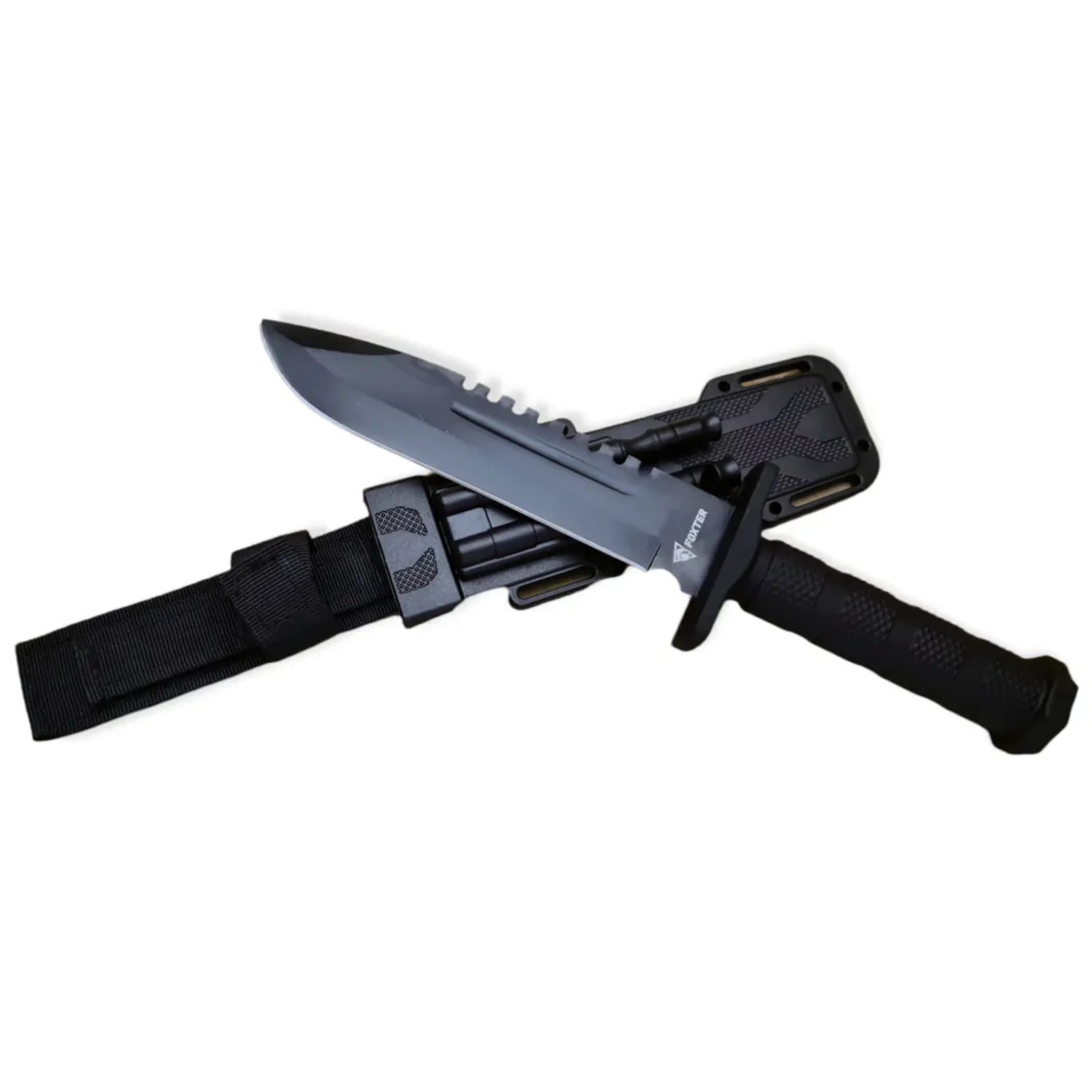 Foxter Universalmesser Taktisches Outdoor-Messer 31 cm Edelstahlklinge mit Scheide & Camping, (Komplettes Outdoor-Messer-Set für Camping und Bushcraft, Messer-Set 31 cm inkl. Scheide, Feuerstahl, Schleifer, Pfeife), Taktisches Outdoor-Messer 31 cm mit Scheide, Feuerstahl & Pfeife
