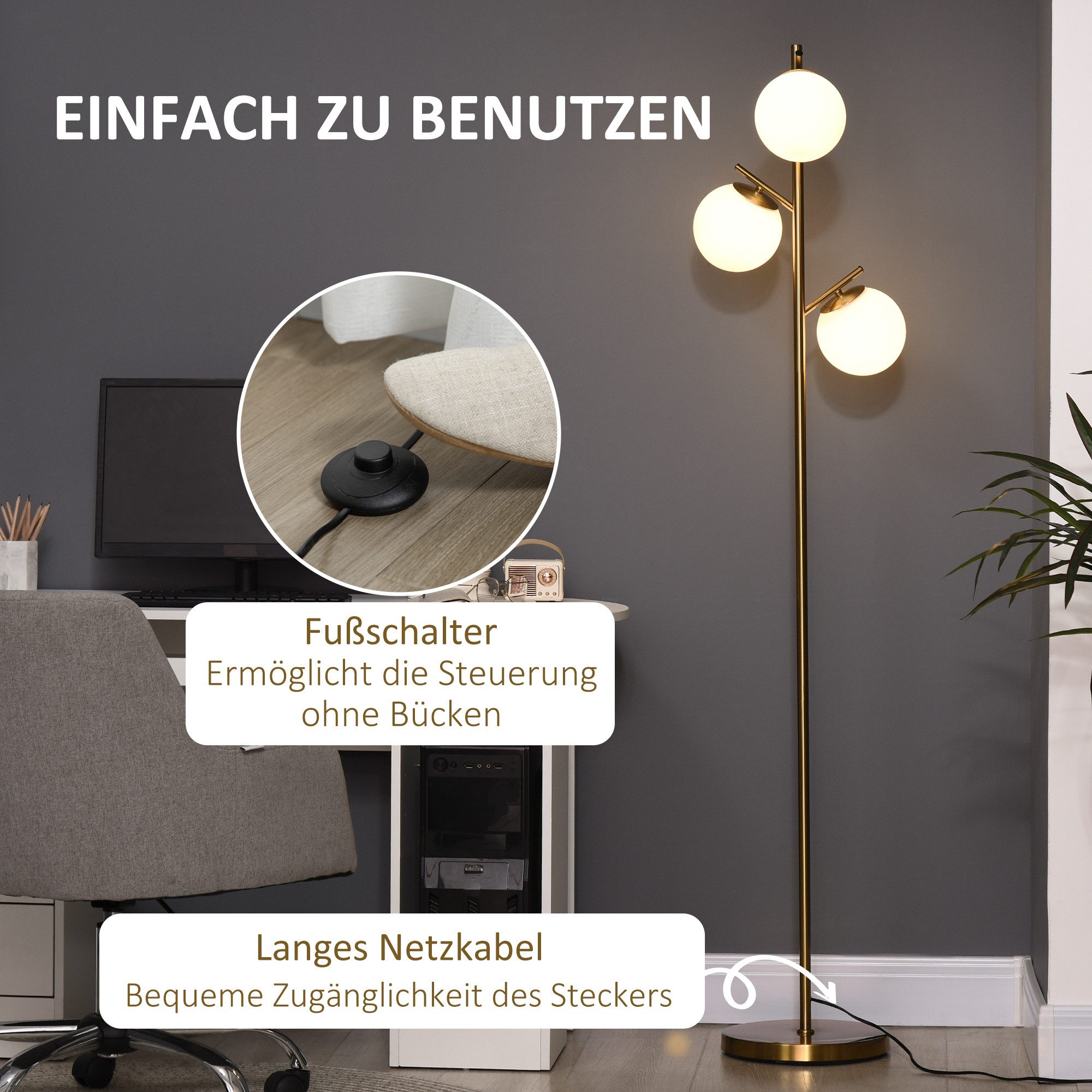 HOMCOM Stehlampe Wohnzimmer Stehleuchte mit 3 E27 Fassungen, exkl. Glühbirne, Gold, Metall, Glas Ø27 x 169 cm – Bild 5 von 5
