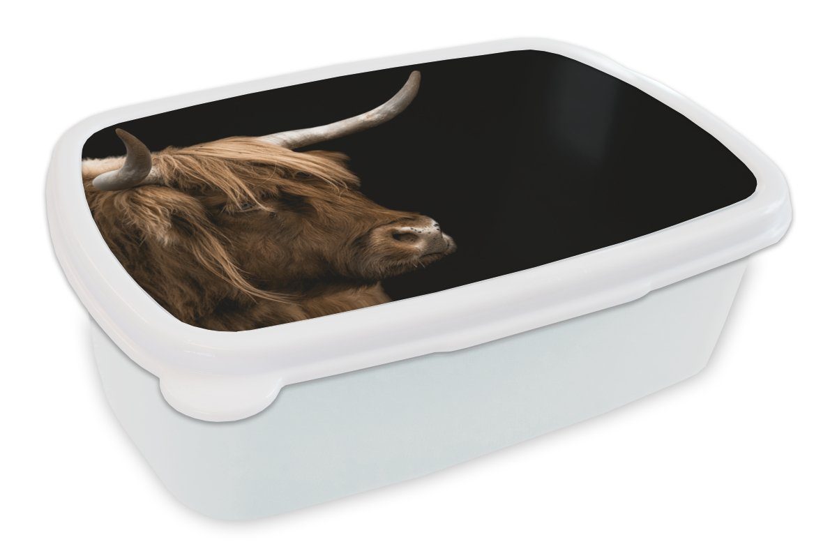 MuchoWow Lunchbox Schottischer Highlander - Tiere - Kuh, Kunststoff, (2-tlg), Brotbox für Kinder und Erwachsene, Brotdose, für Jungs und Mädchen weiß