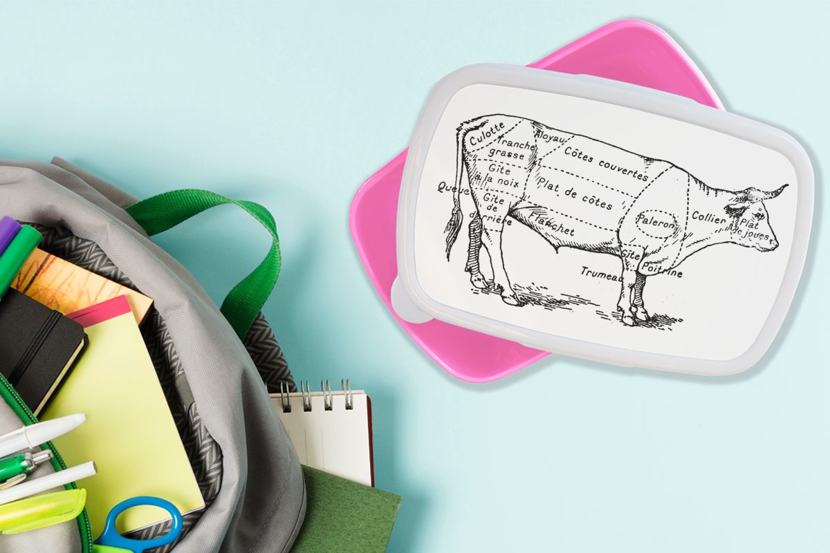 das für Kunststoff, für Mädchen, Metzgers Lunchbox Erwachsene, Snackbox, Brotdose Brotbox Antike (2-tlg), Illustration, MuchoWow Schema eine Kinder, Kuh des Kunststoff rosa zeigt, die