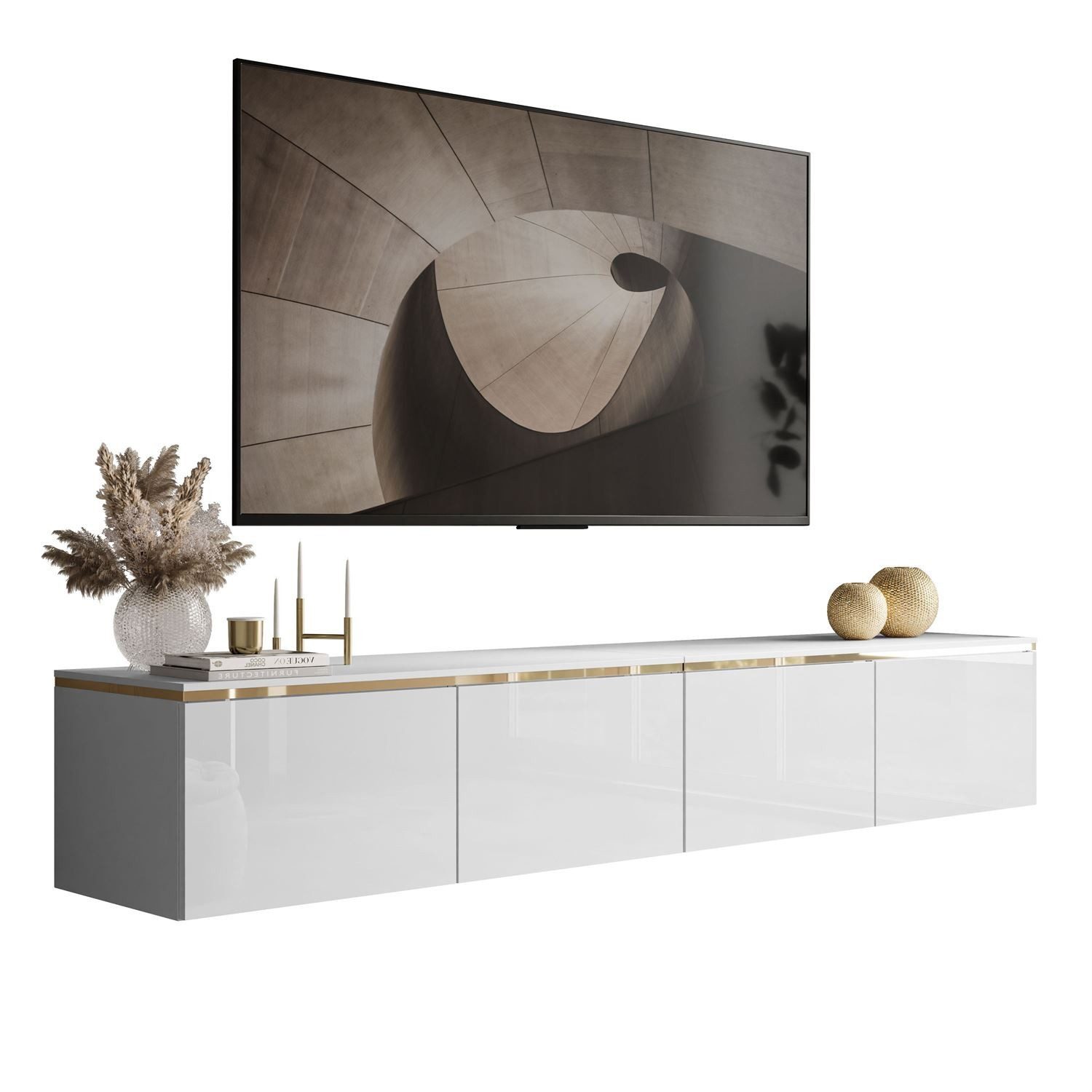 ALLHOUSE24 TV-Schrank TV-Schrank NELLY Metallbeine LED Beleuchtung Sideboard GOLD (1x TV Schrank) Breite 200 cm