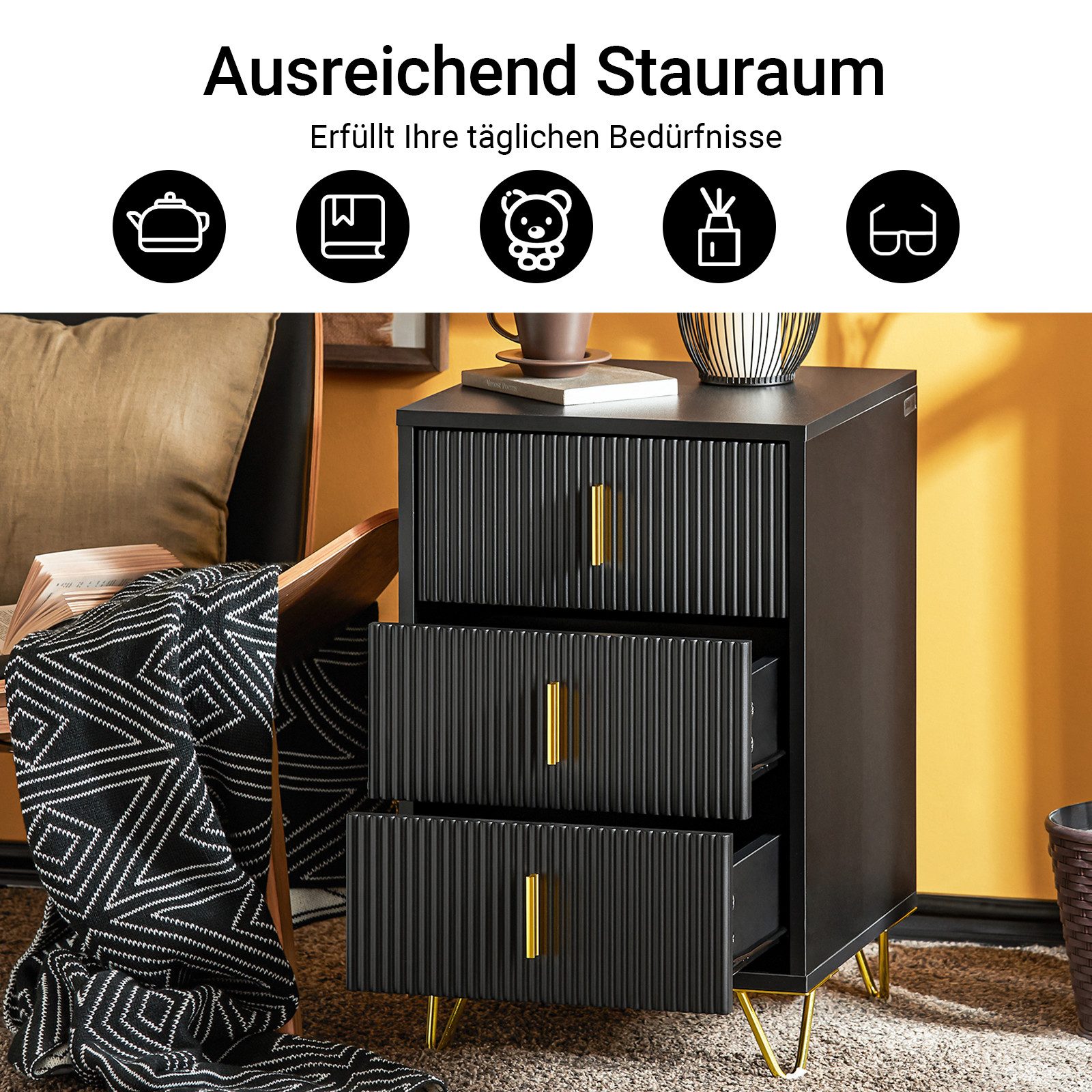 SoBuy Nachttisch FBT115-L, Nachttisch, Sofatisch Couchtisch Wohnzimmertisch, (1-St), Nachtschrank mit 3 Schubladen, Beistelltisch, Nachtkommode