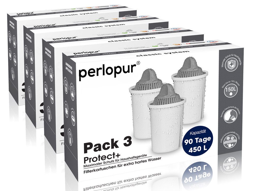 PerloPur Kalk- und Wasserfilter Filterkartuschen Classic Protect+ Pack 12 für extra Kalkschutz, Zubehör für Brita Classic u. PearlCo Classic