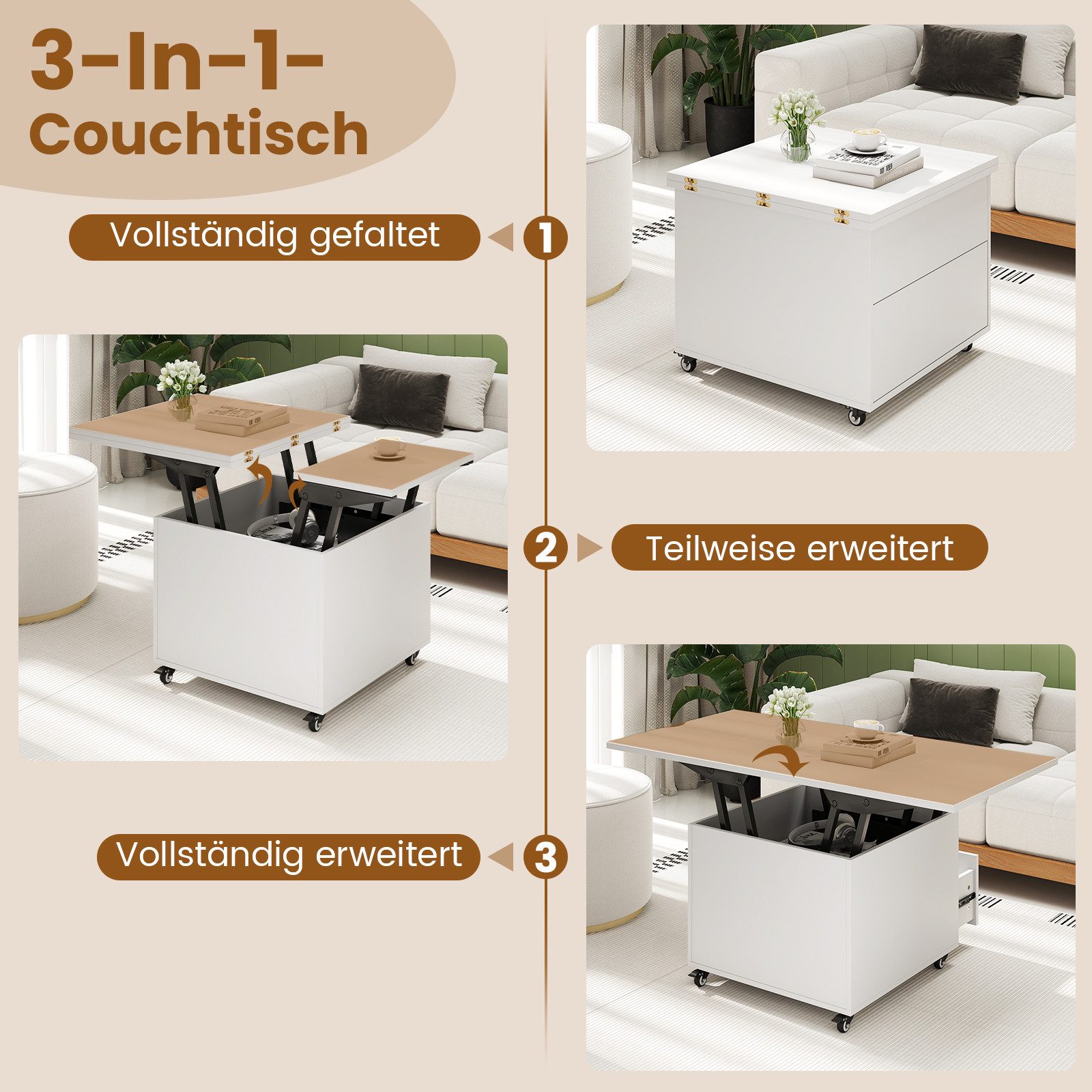 COSTWAY Couchtisch, umwandelbar höhenverstellbar mit Schublade, Rollen, Stauraum