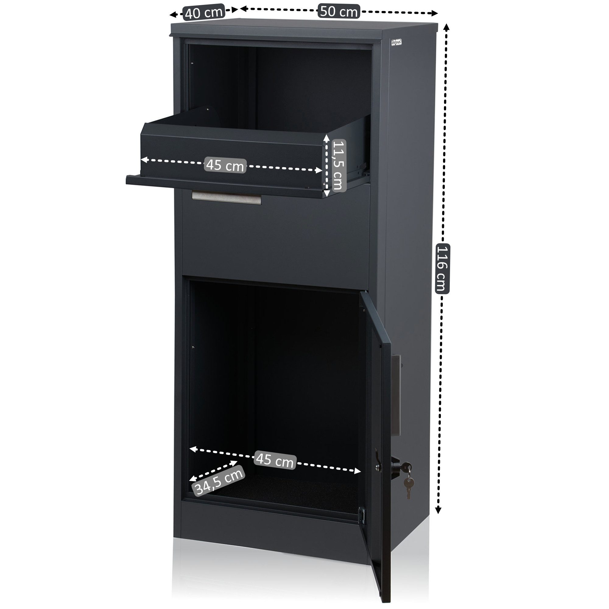 Zelsius Paketbriefkasten Jupiter, pulverbeschichteter Stahl, RAL7016 mit Diebstahlsperre (1x Paketbriefkasten, Montagematerial)