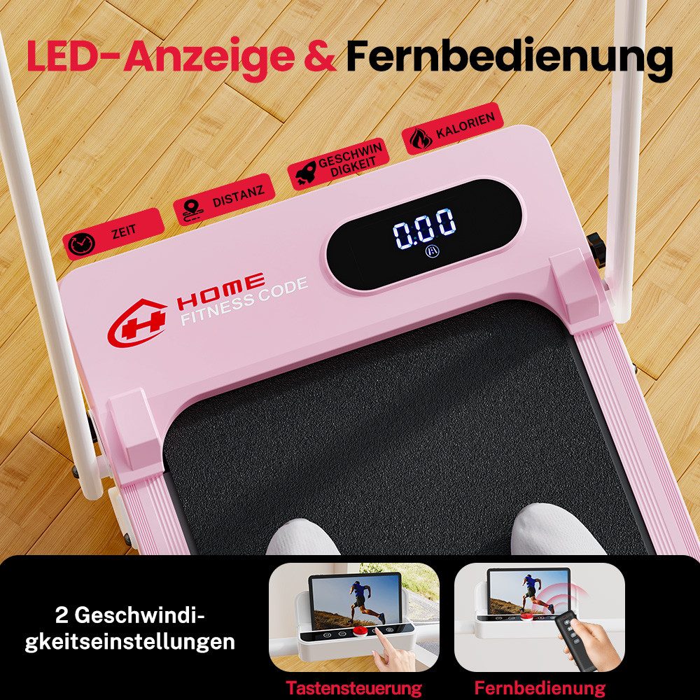 HOMEFITNESSCODE Laufband 3-in-1 Klappbares Laufbänder mit 5 % Steigung (Fernbedienung – LED-Display – 120 kg Tragkraft), elektrisches Laufband mit Armlehnen – 1–6 km/h – 2,5-PS-Motor