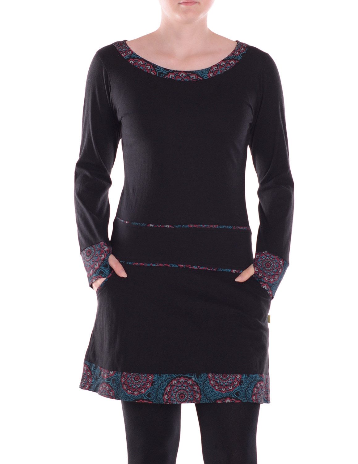 Vishes Minikleid Damen Langarm Kleid Baumwolle Geometrisch mit Taschen Alternative Bekleidung, Ethno, Hippie, Retro Style