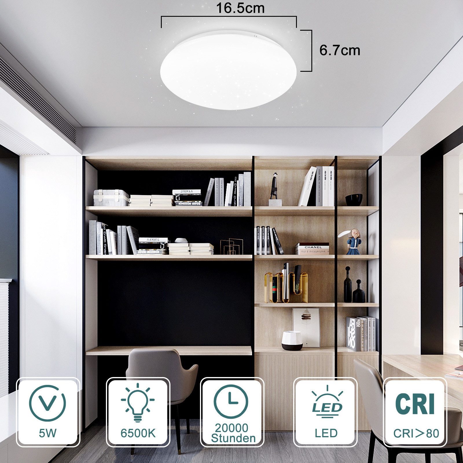 ZMH Deckenleuchte Wohnzimmer Ø16.5CM Rund 5W Küchenlampe 3000/4000/6500K Flur, Augenschutz, Warmweiß, Sternen-Design Schlafzimmerlampe Küche Büro