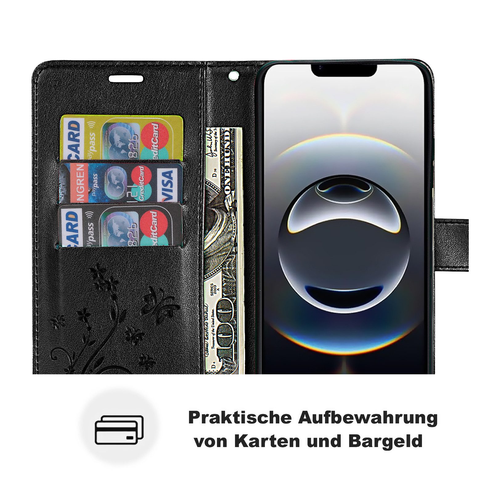 betterfon Handyhülle für iPhone 17E / 16E - Klapphülle mit 3 Kartenfächern Blumen, Bookstyle-Hülle: Magnetverschluss 3 Kartenfächer & Standfunktion – Bild 4 von 5