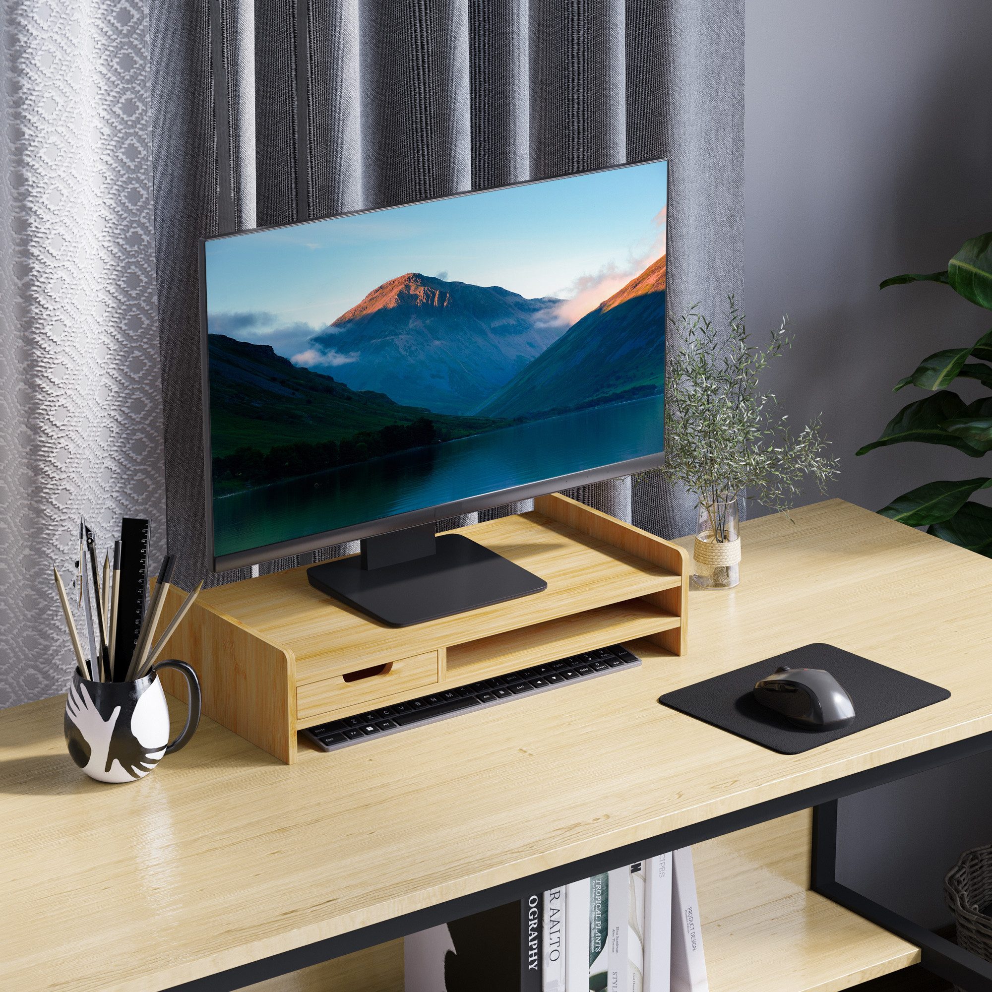 HOMCOM Monitor-Halterung Monitorständer mit Schublade Bildschirmerhöhung Monitor Ständer, (bis 19.2 Zoll, Mit Schubladen, 1-tlg., Natur, 49cm x 25,5cm x 11,5cm)